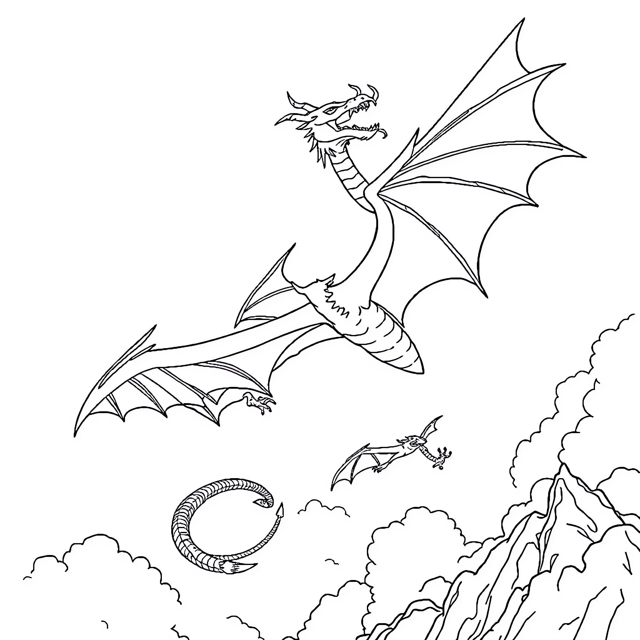 Dragons soaring in the sky above mountains Coloring Page (free black-and-white line drawing printable PDF for all, from beginners to advanced learners, including children, teens, adults, and seniors)