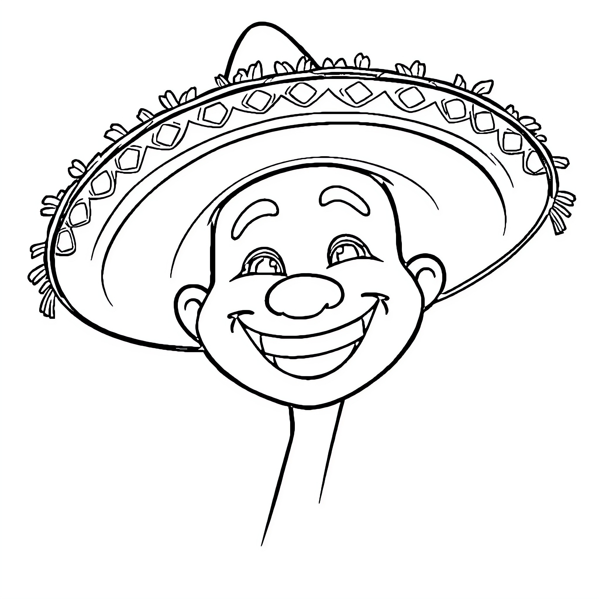 Shark wearing a sombrero and smiling happily Coloring Page (free black-and-white line drawing printable PDF for all, from beginners to advanced learners, including children, teens, adults, and seniors)