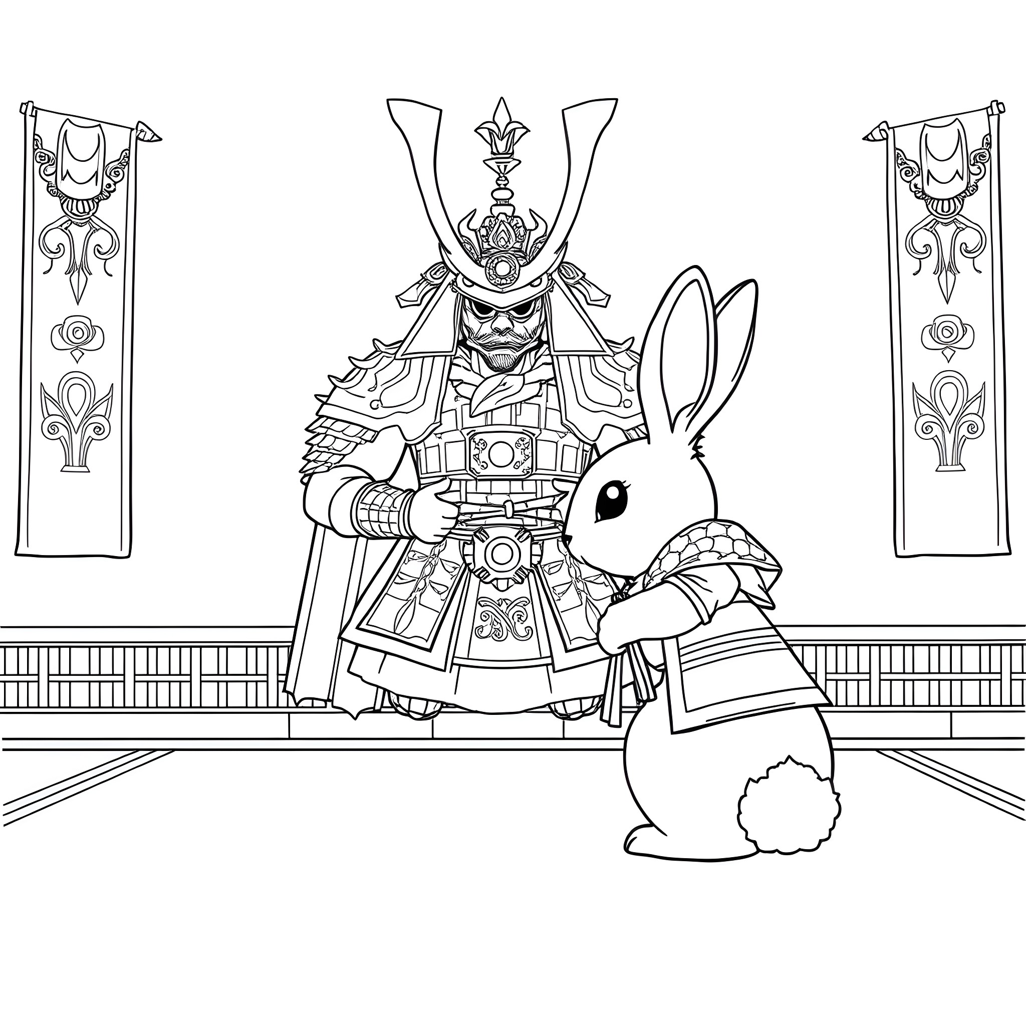 Bunny warrior standing before banners Coloring Page (free black-and-white line drawing printable PDF for all, from beginners to advanced learners, including children, teens, adults, and seniors)