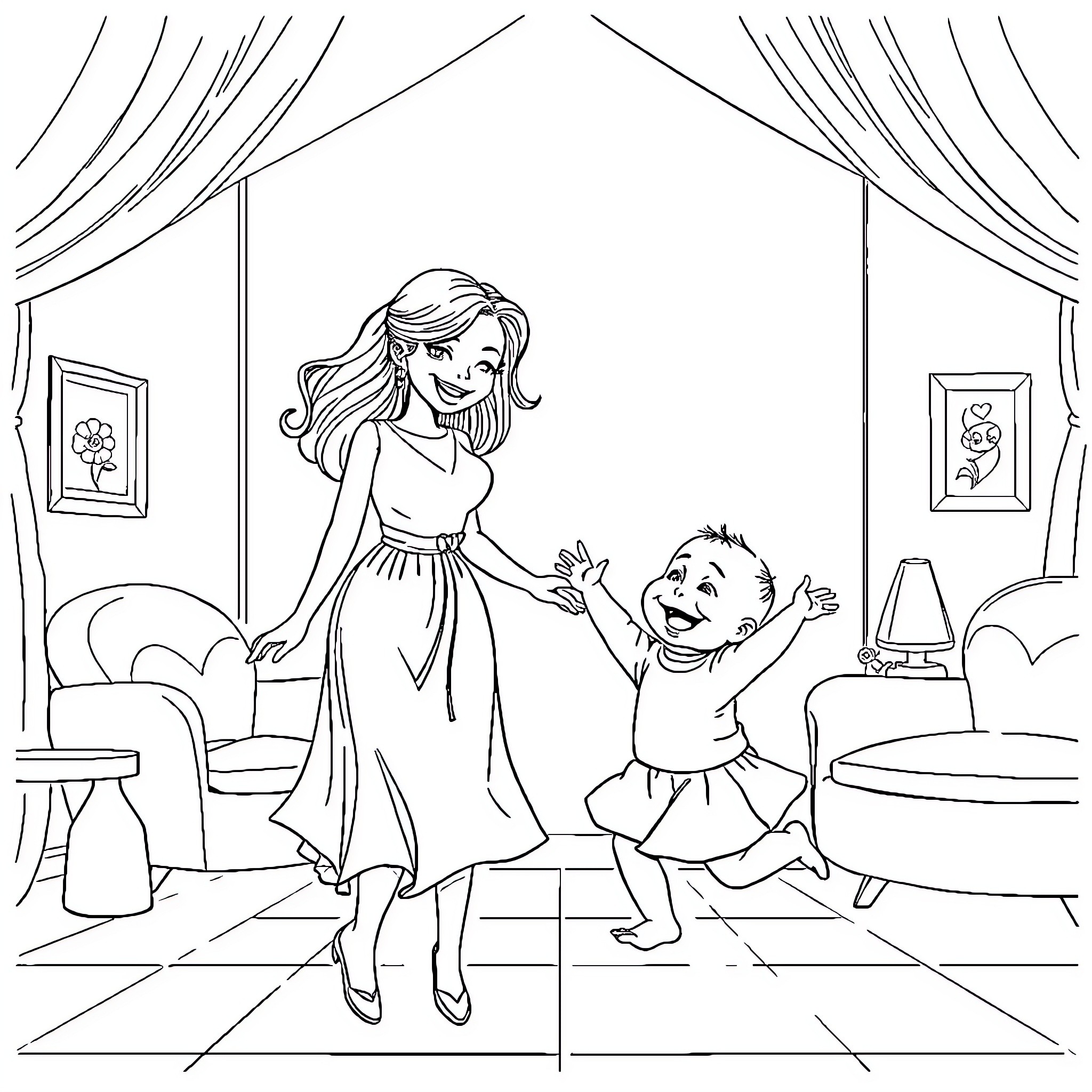 Mother and child dancing happily in the living room Coloring Page (free black-and-white line drawing printable PDF for all, from beginners to advanced learners, including children, teens, adults, and seniors)