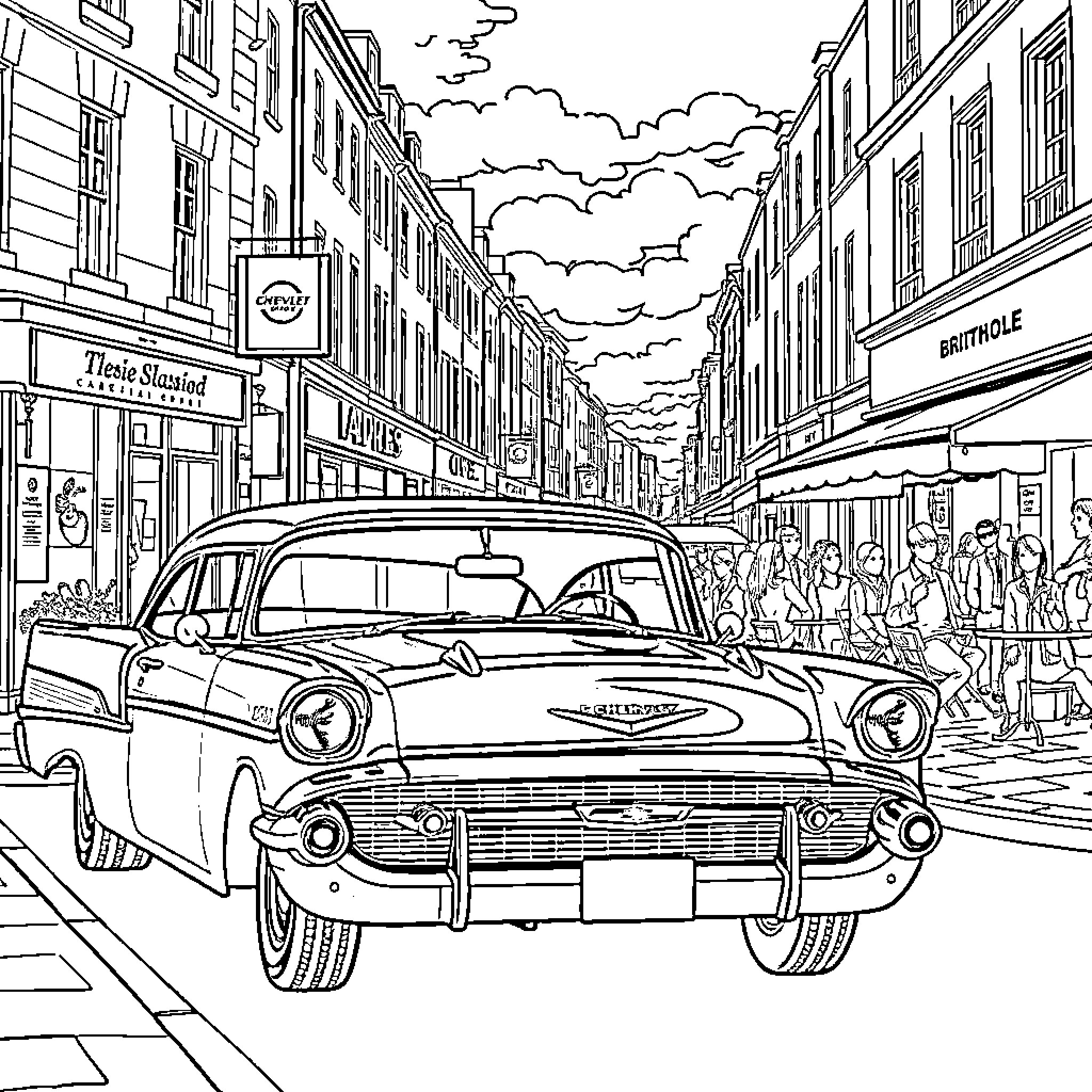 Chevy classic car on a bustling city street Coloring Page (free black-and-white line drawing printable PDF for all, from beginners to advanced learners, including children, teens, adults, and seniors)