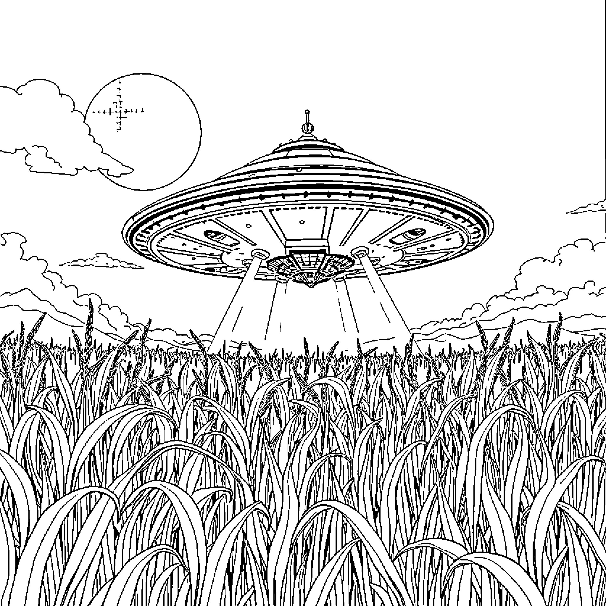 Alien spacecraft hovering over a field of tall grass Coloring Page (free black-and-white line drawing printable PDF for all, from beginners to advanced learners, including children, teens, adults, and seniors)
