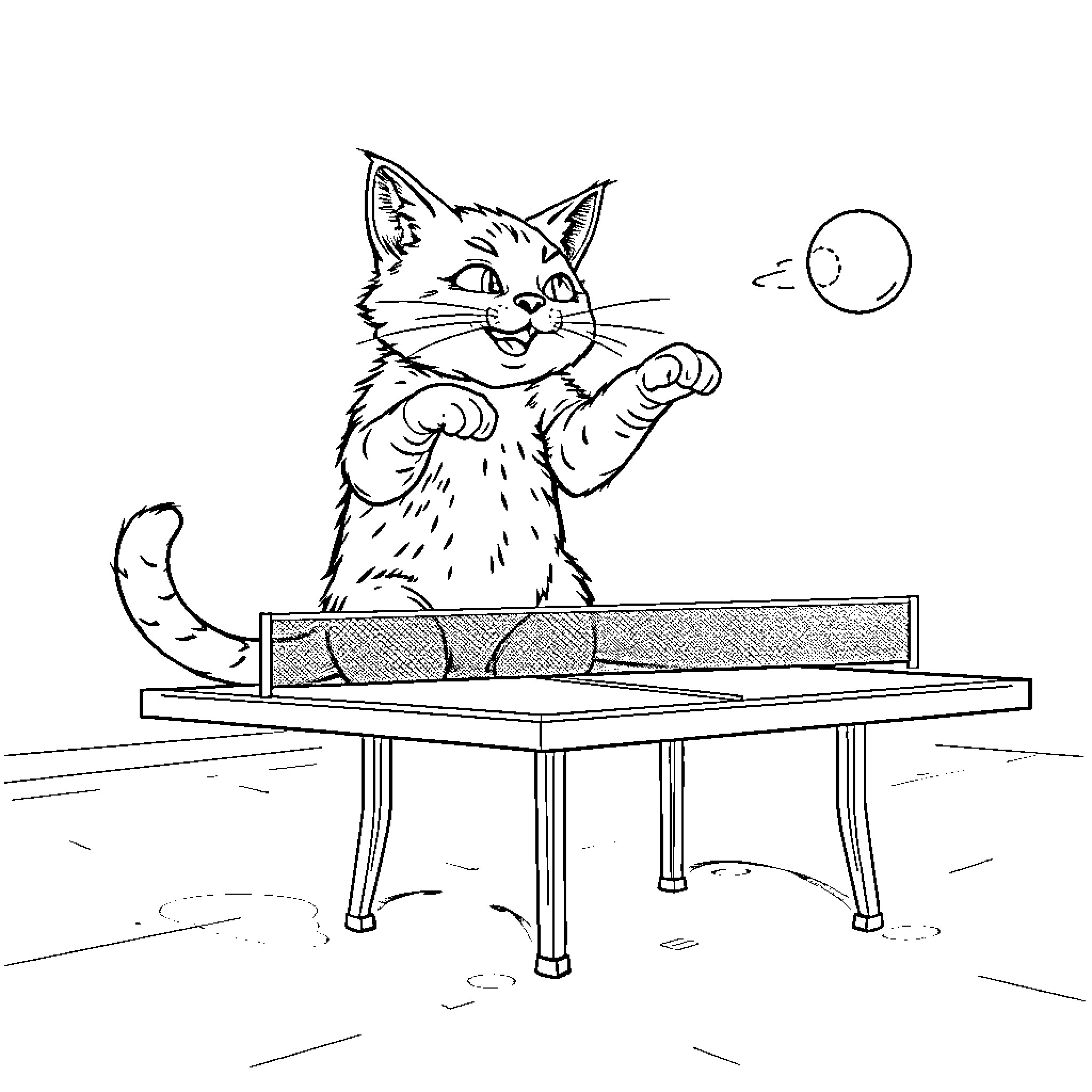 Cat playing table tennis enthusiastically Coloring Page (free black-and-white line drawing printable PDF for all, from beginners to advanced learners, including children, teens, adults, and seniors)