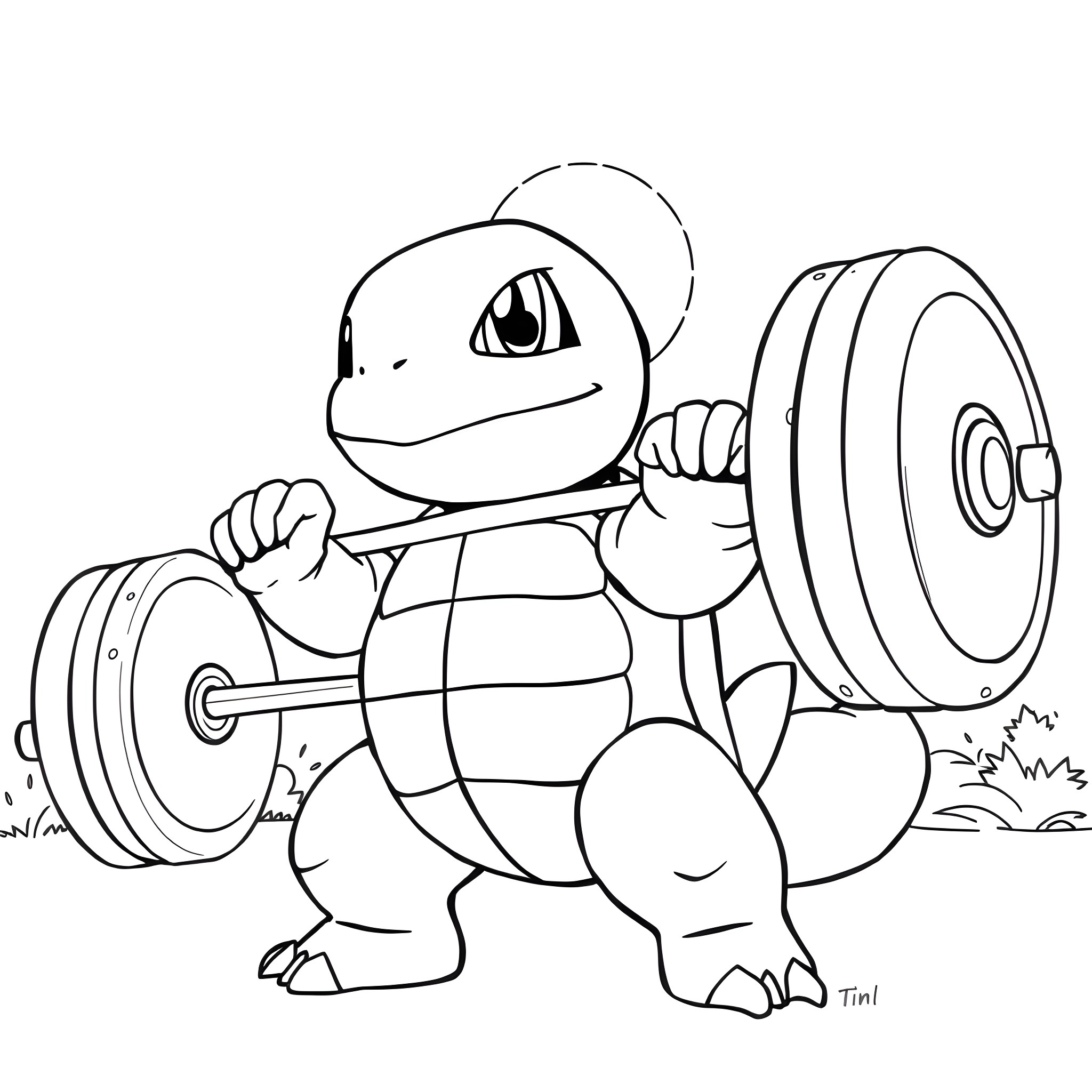 Squirtle lifting weights in the gym Coloring Page (free black-and-white line drawing printable PDF for all, from beginners to advanced learners, including children, teens, adults, and seniors)