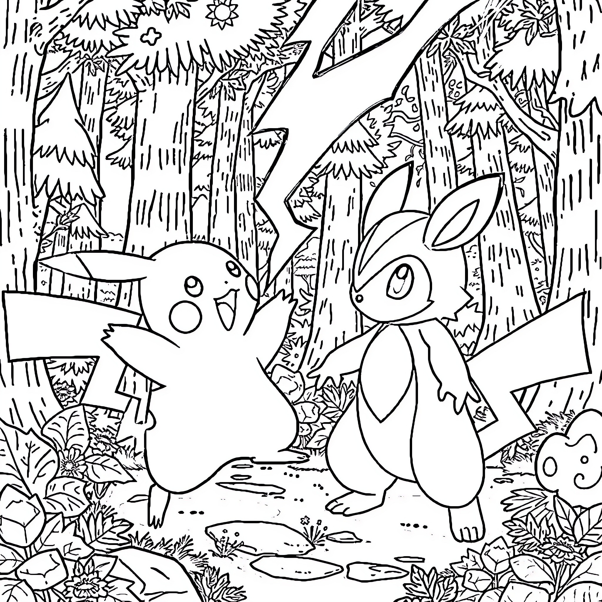 Pikachu and Eevee exploring the enchanted forest Coloring Page (free black-and-white line drawing printable PDF for all, from beginners to advanced learners, including children, teens, adults, and seniors)