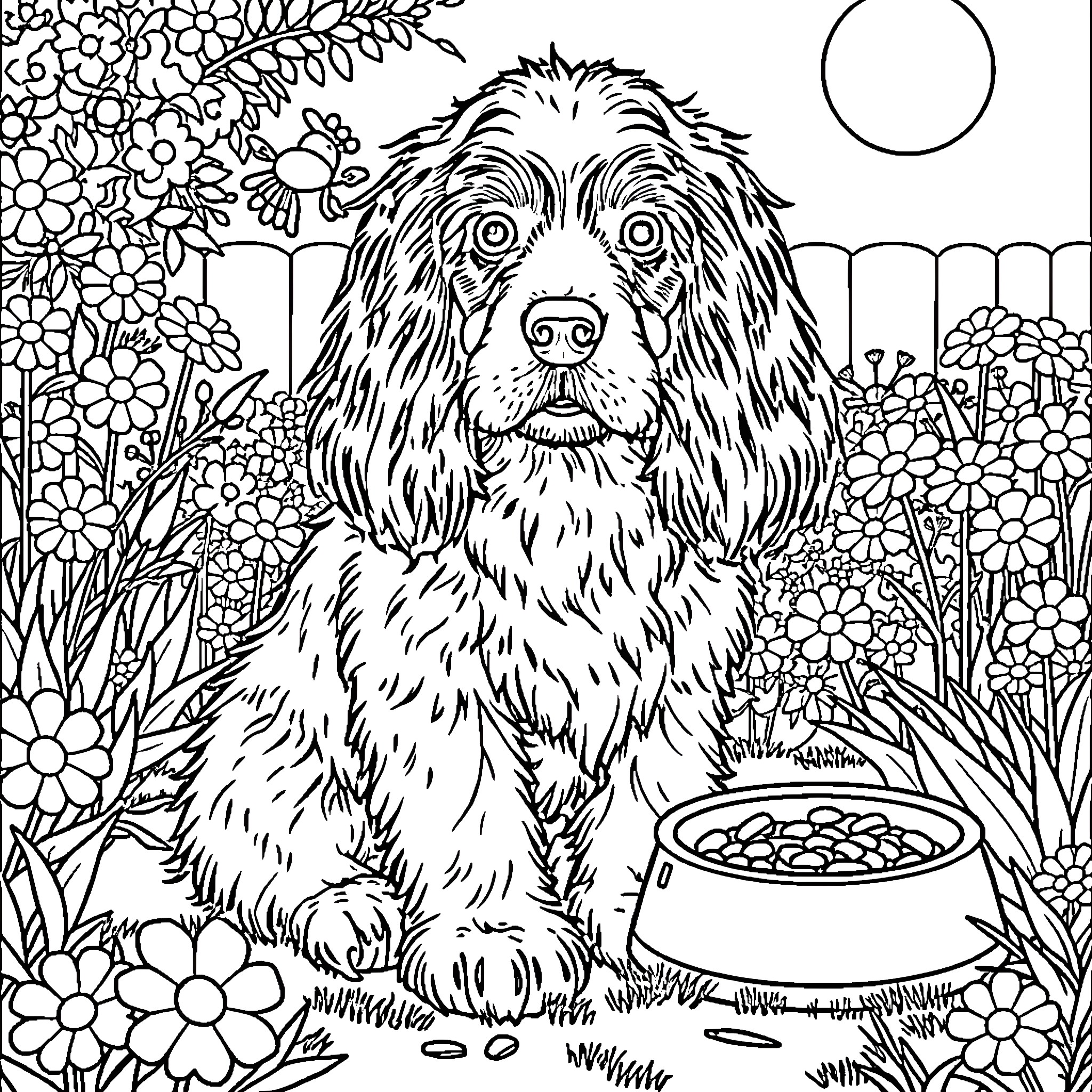 Cocker Spaniel enjoying a cozy garden setting Coloring Page (free black-and-white line drawing printable PDF for all, from beginners to advanced learners, including children, teens, adults, and seniors)
