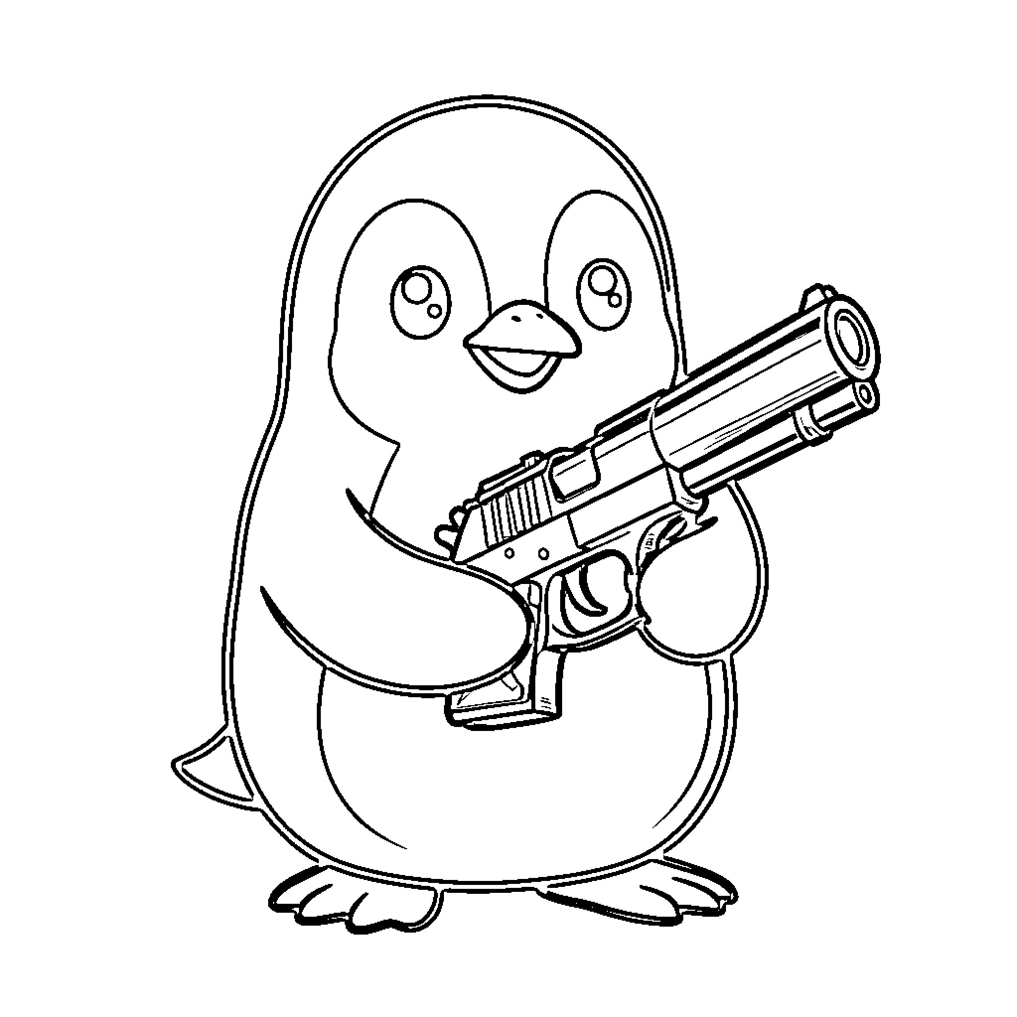 Penguin holding a gun in a playful manner Coloring Page (free black-and-white line drawing printable PDF for all, from beginners to advanced learners, including children, teens, adults, and seniors)