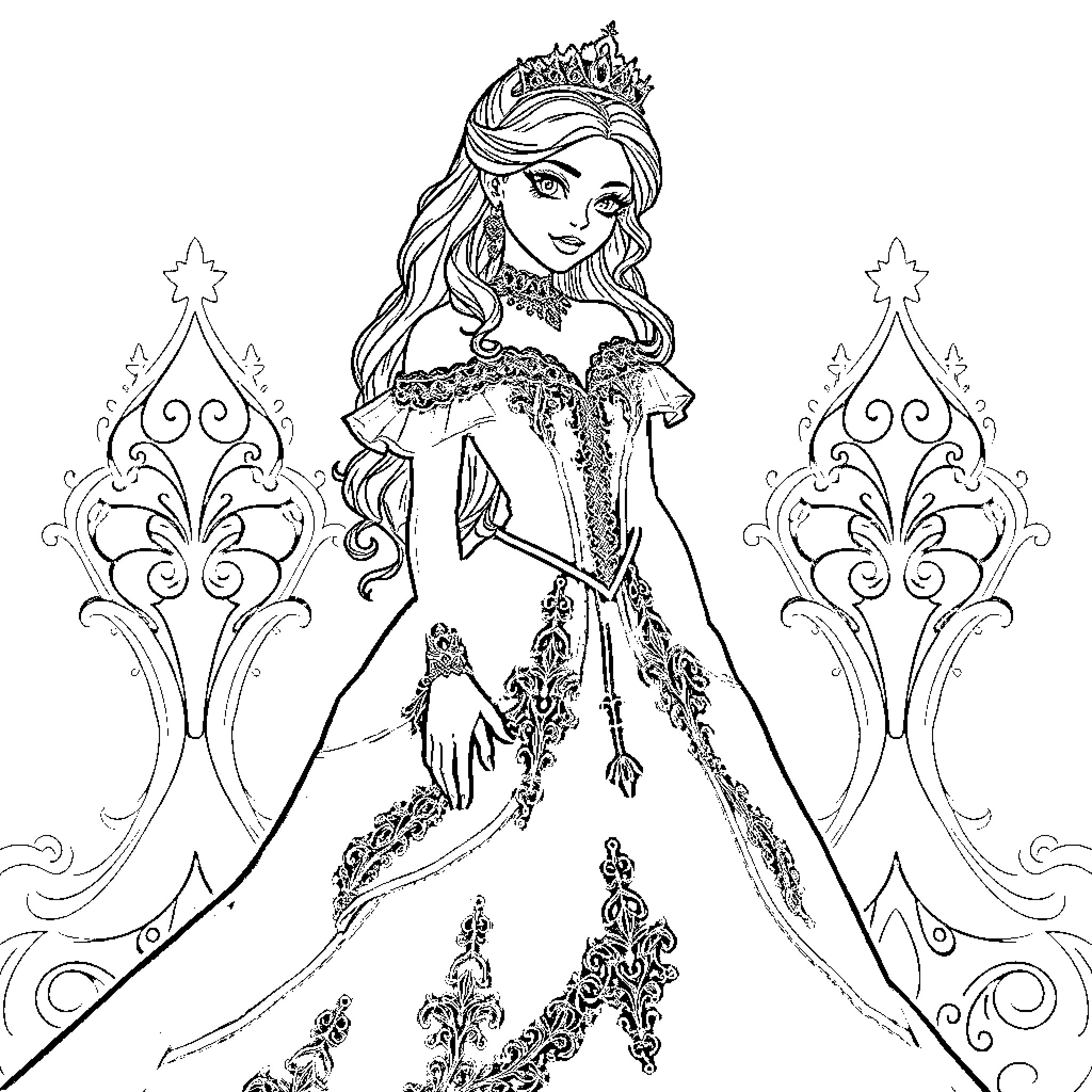 Princess in Elegant Floral Gown and Crown Coloring Page (free black-and-white line drawing printable PDF for all, from beginners to advanced learners, including children, teens, adults, and seniors)