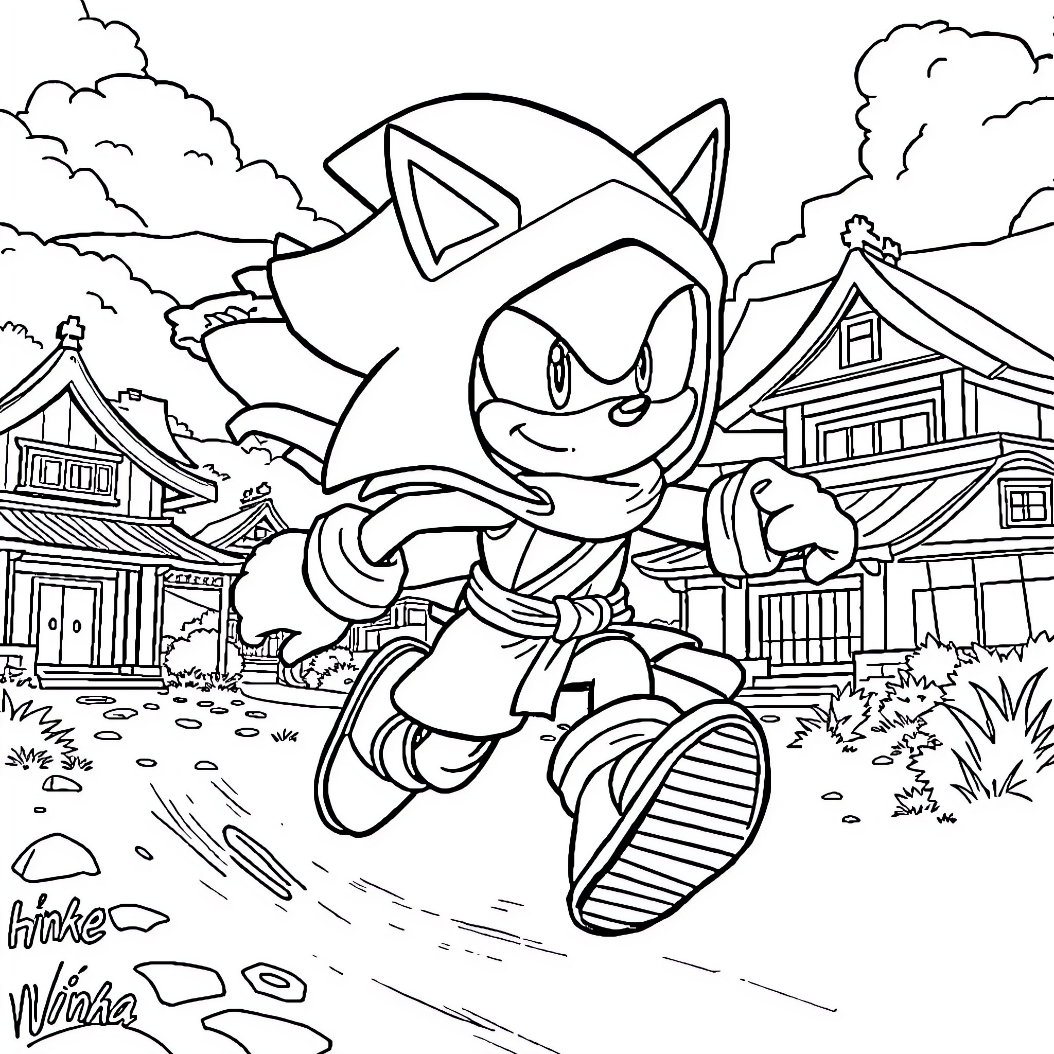 Sonic character running through scenic town Coloring Page (free black-and-white line drawing printable PDF for all, from beginners to advanced learners, including children, teens, adults, and seniors)