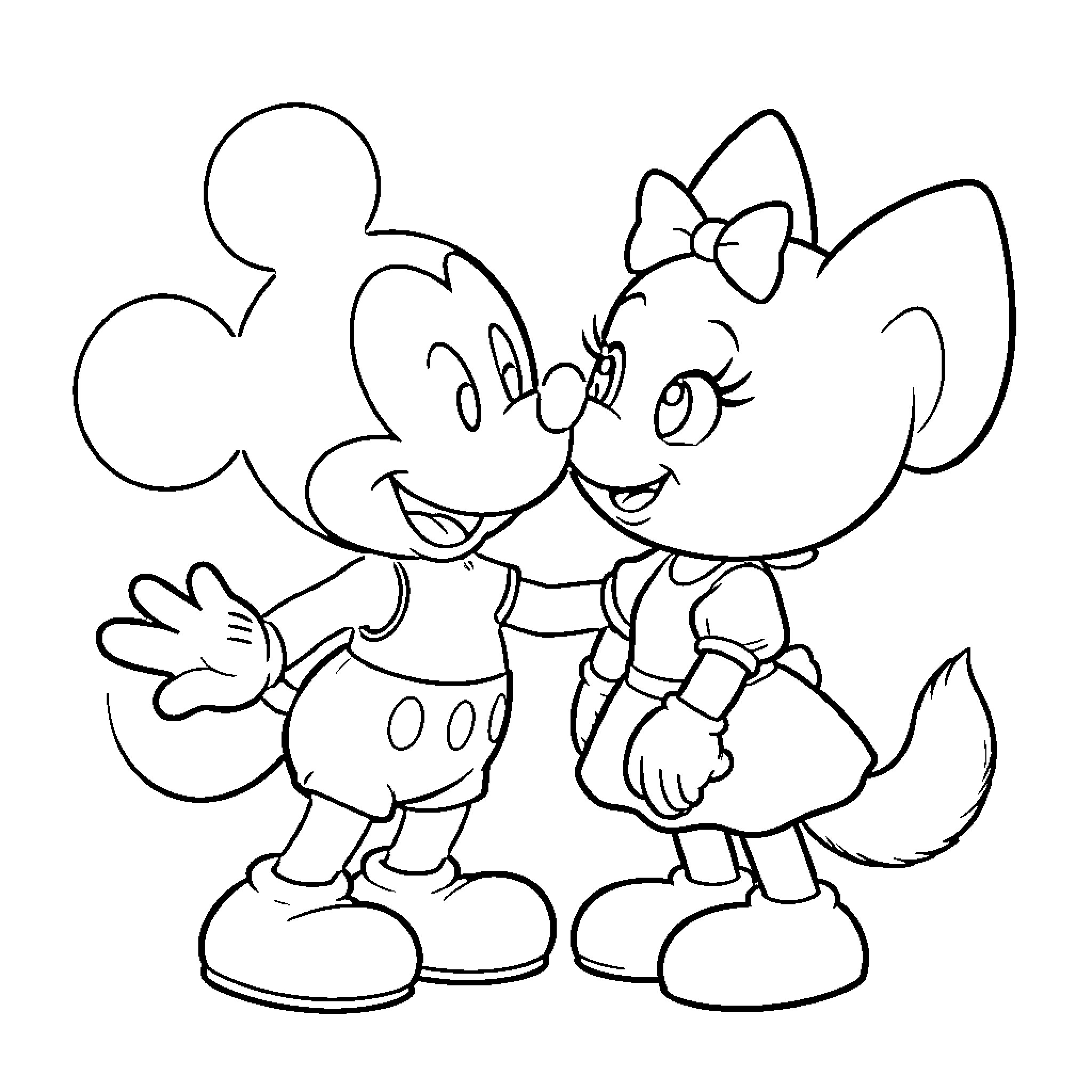 Mickey and Minnie enjoying a playful moment Coloring Page (free black-and-white line drawing printable PDF for all, from beginners to advanced learners, including children, teens, adults, and seniors)