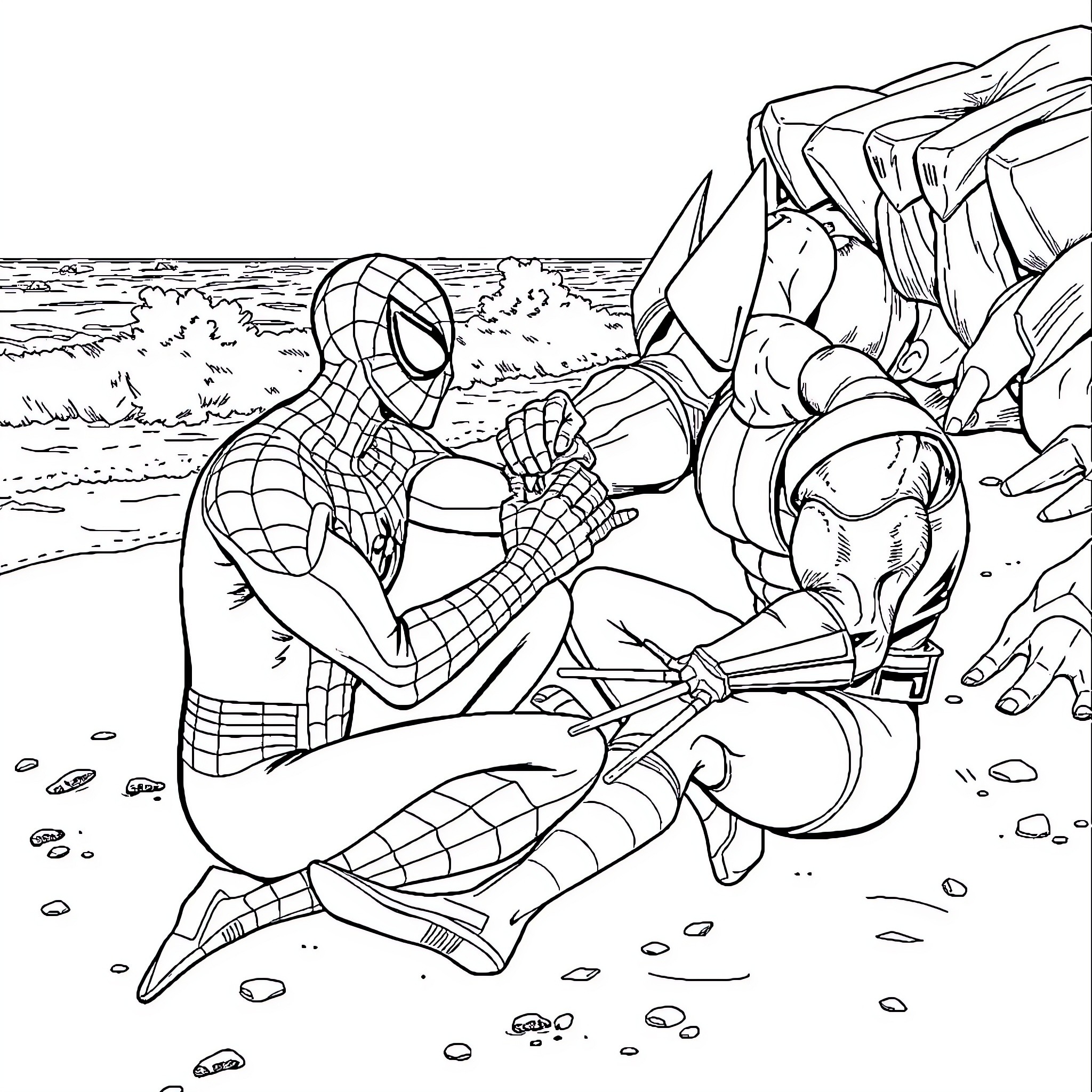 Spider-Man battles a formidable foe on the beachfront Coloring Page (free black-and-white line drawing printable PDF for all, from beginners to advanced learners, including children, teens, adults, and seniors)
