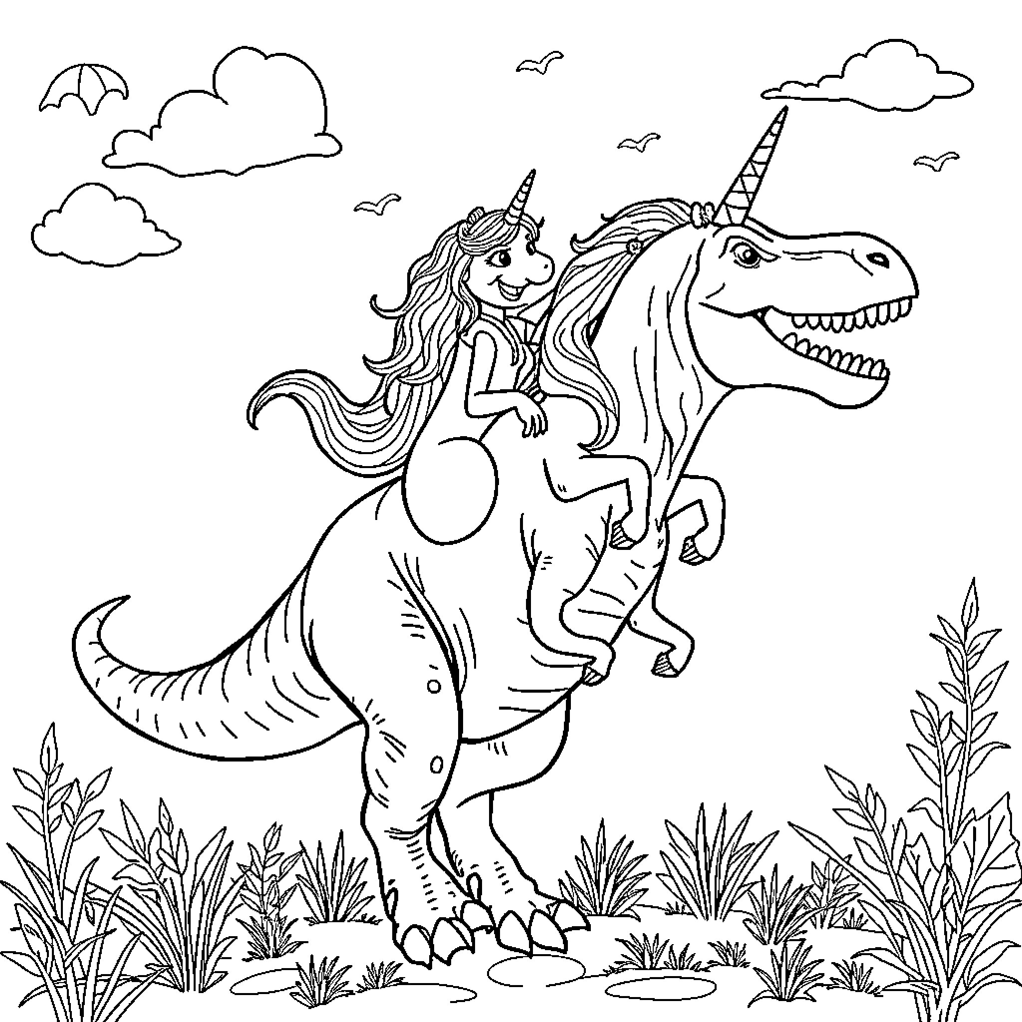 Unicorn Girl Riding Fierce Dinosaur Coloring Page (free black-and-white line drawing printable PDF for all, from beginners to advanced learners, including children, teens, adults, and seniors)