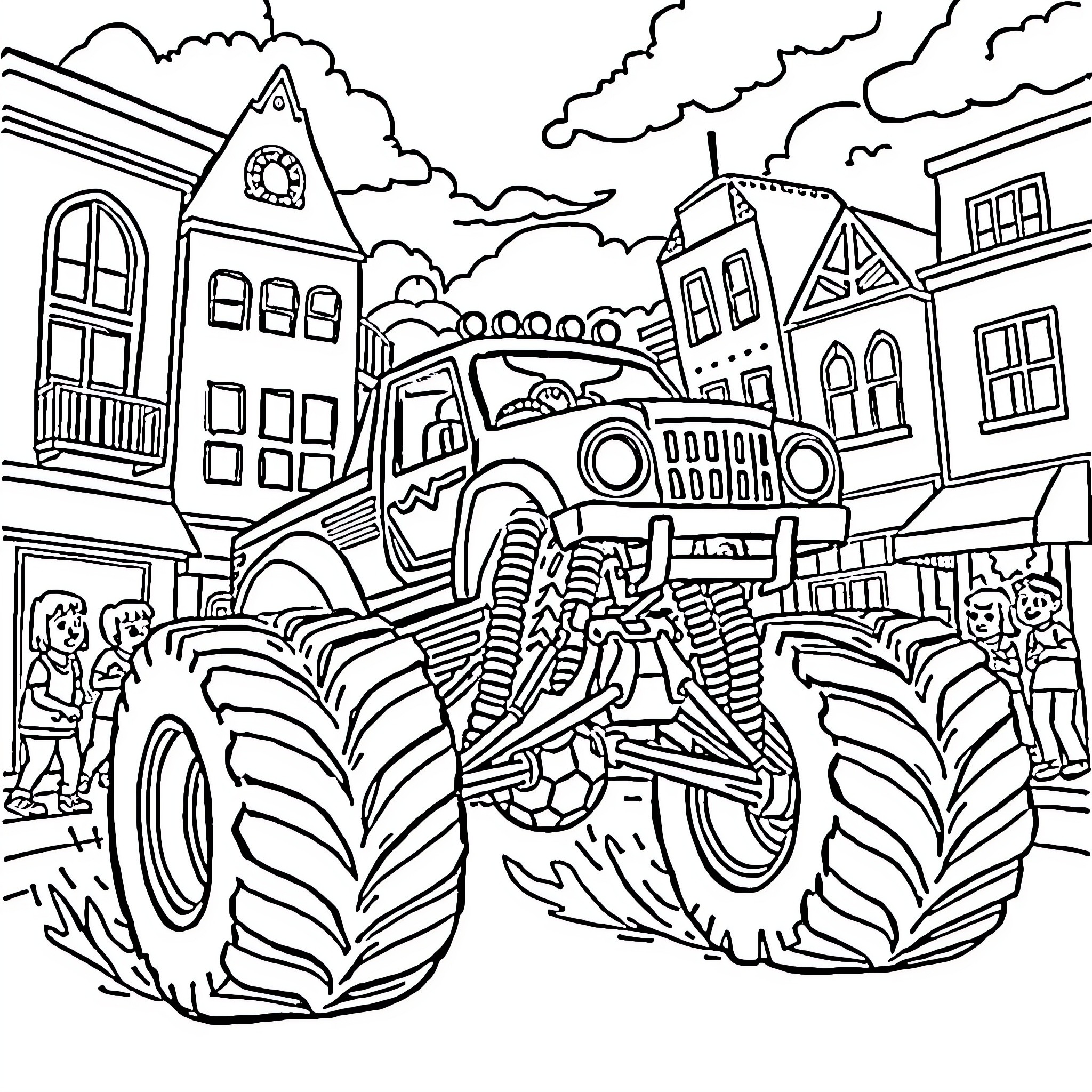 Monster Truck Wreaking Havoc in a Busy Town Coloring Page (free black-and-white line drawing printable PDF for all, from beginners to advanced learners, including children, teens, adults, and seniors)