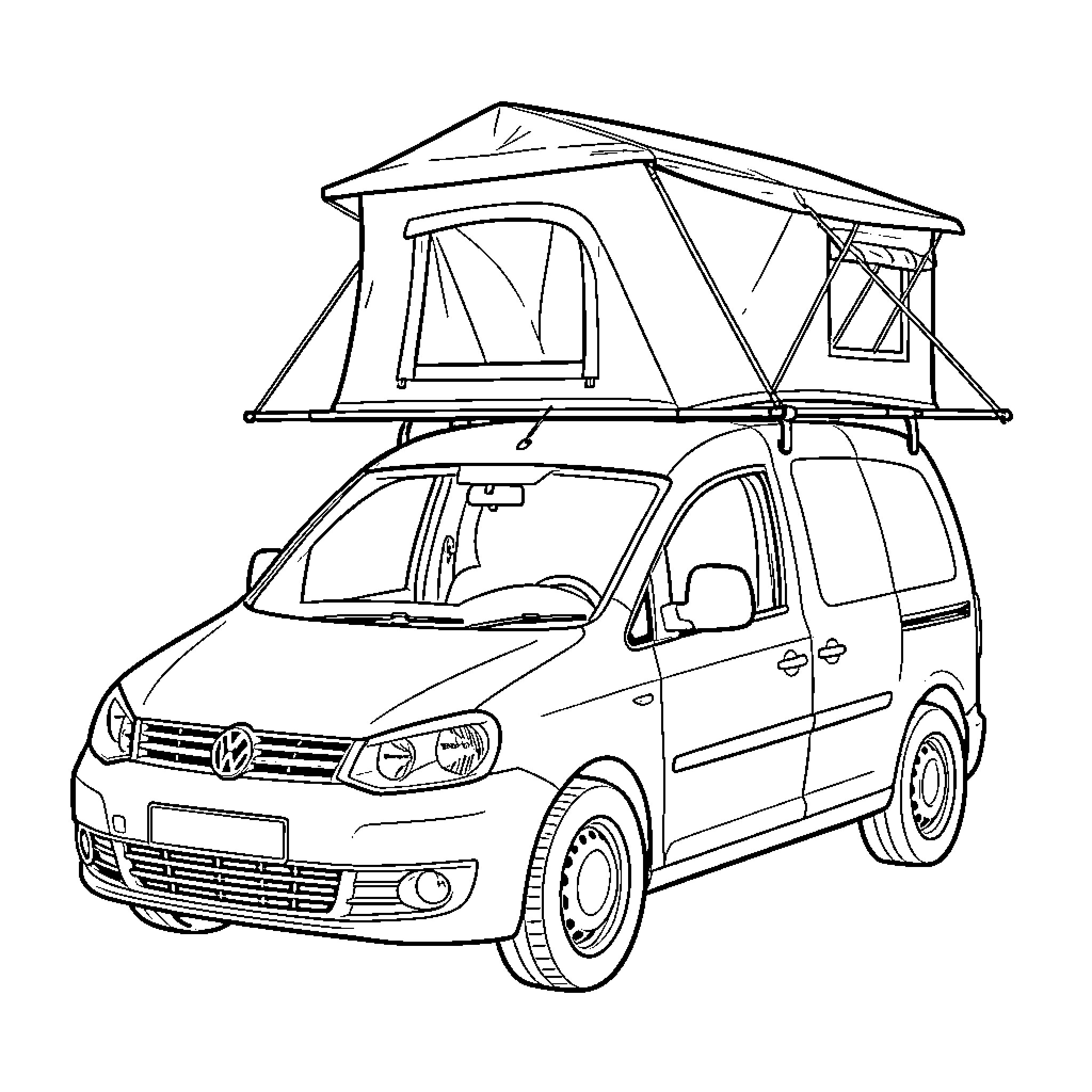 VW Caddy equipped with a rooftop tent for camping Coloring Page (free black-and-white line drawing printable PDF for all, from beginners to advanced learners, including children, teens, adults, and seniors)