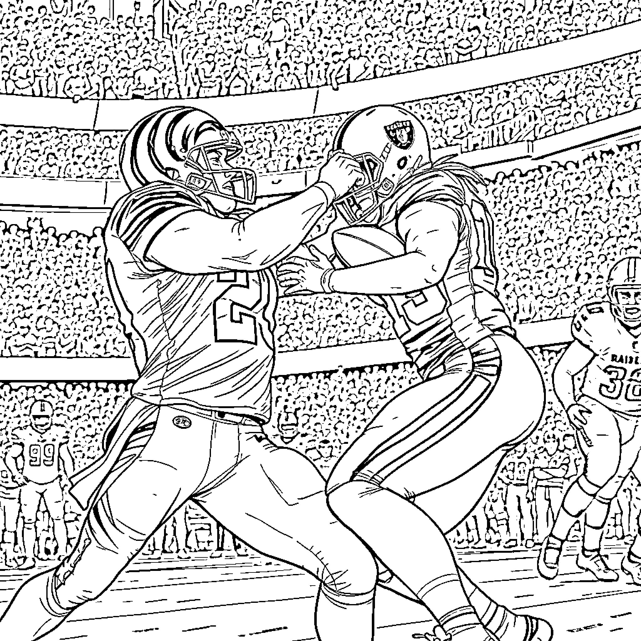 Bengals Players Engaged in Fierce Football Competition Coloring Page (free black-and-white line drawing printable PDF for all, from beginners to advanced learners, including children, teens, adults, and seniors)