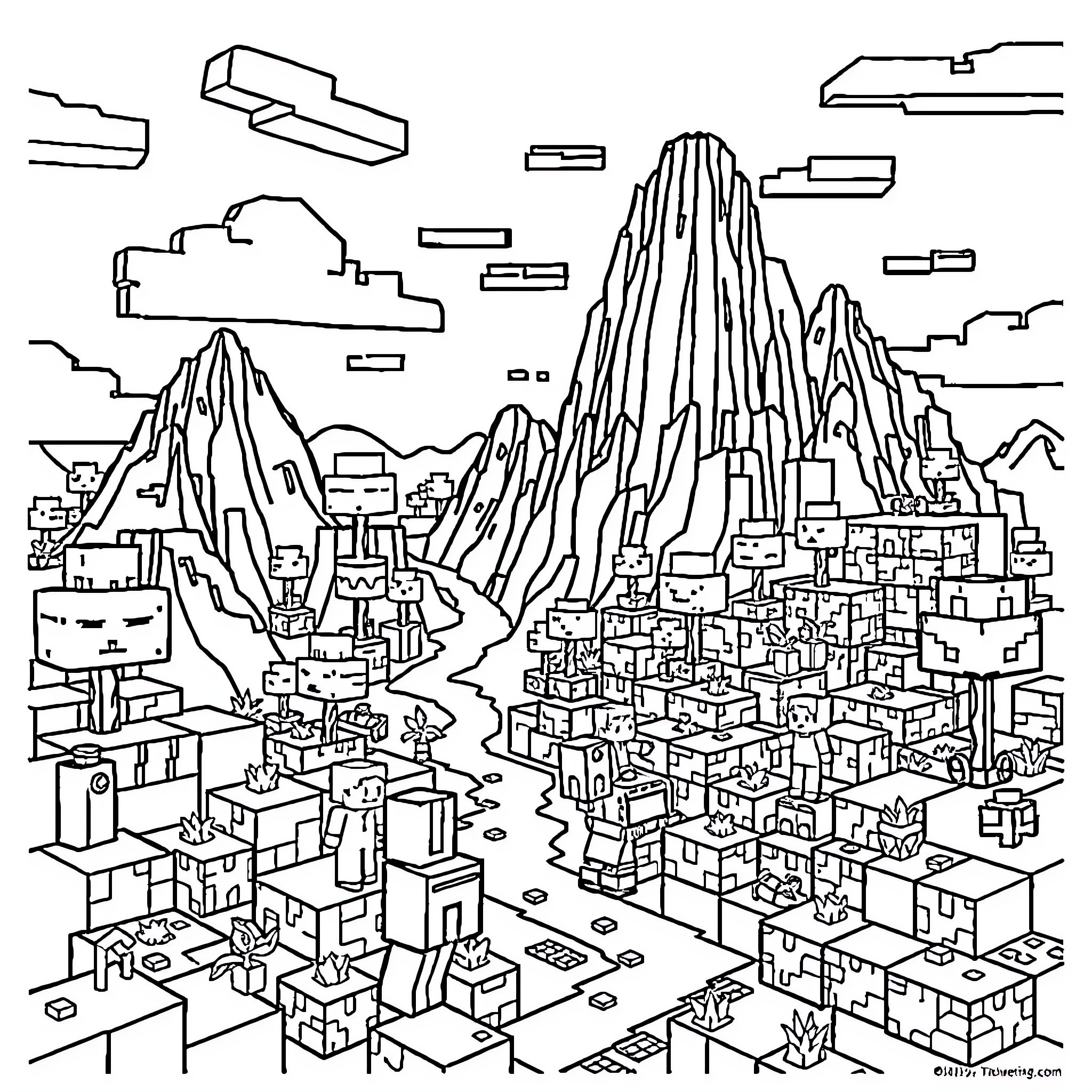 Minecraft mountainous landscape with buildings and structures Coloring Page (free black-and-white line drawing printable PDF for all, from beginners to advanced learners, including children, teens, adults, and seniors)