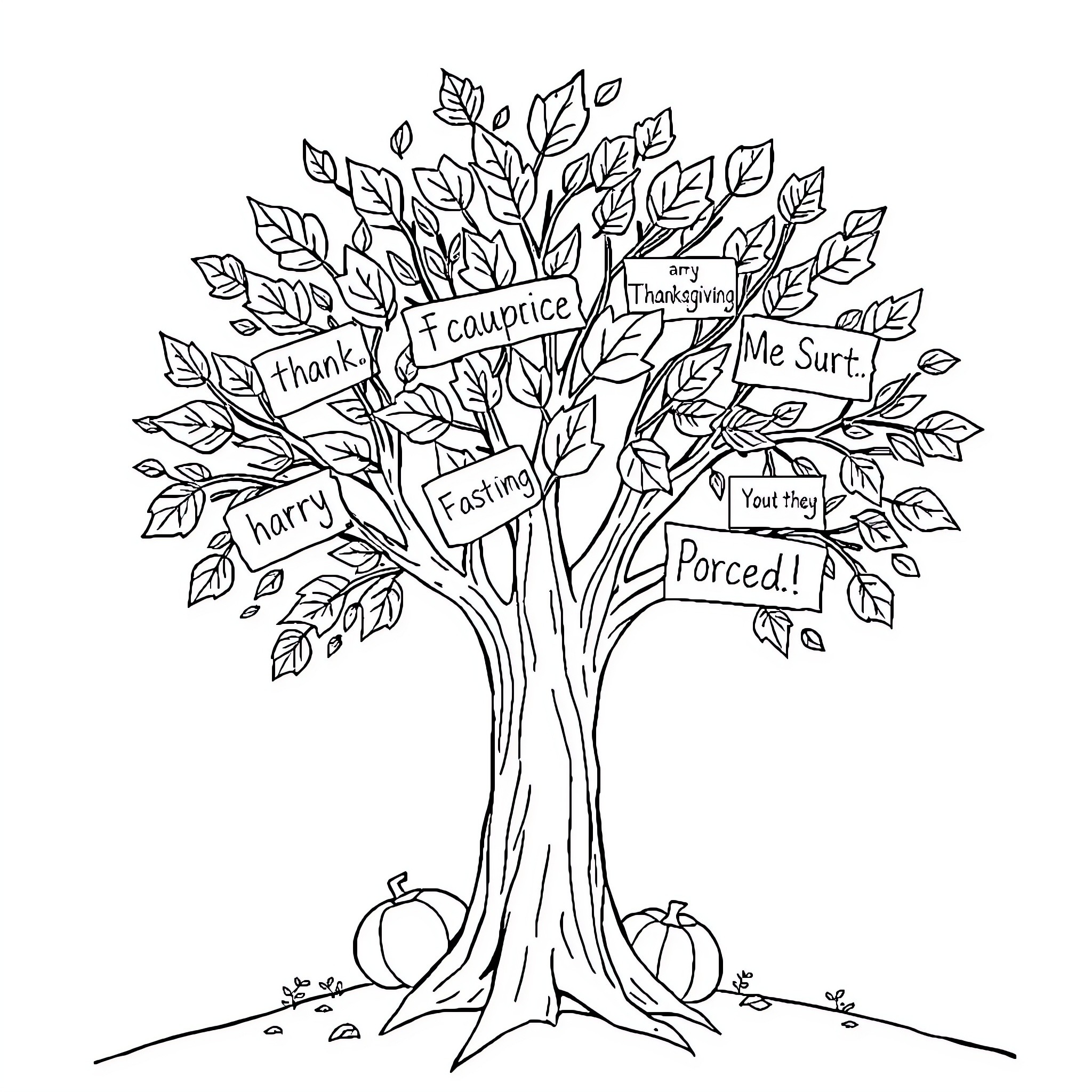Tree with expressions of gratitude and appreciation Coloring Page (free black-and-white line drawing printable PDF for all, from beginners to advanced learners, including children, teens, adults, and seniors)