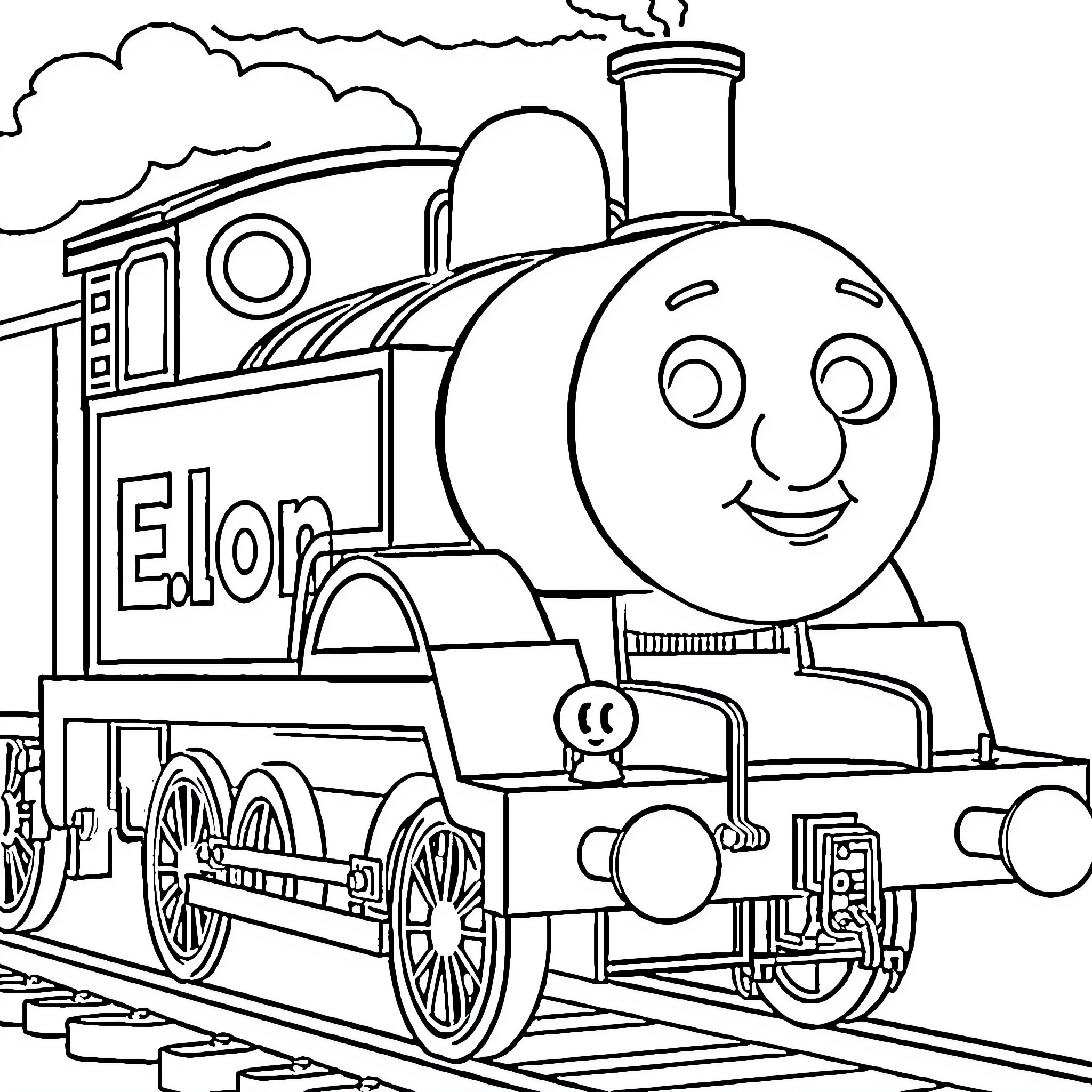 Thomas the Cheerful Train on the Tracks Coloring Page (free black-and-white line drawing printable PDF for all, from beginners to advanced learners, including children, teens, adults, and seniors)