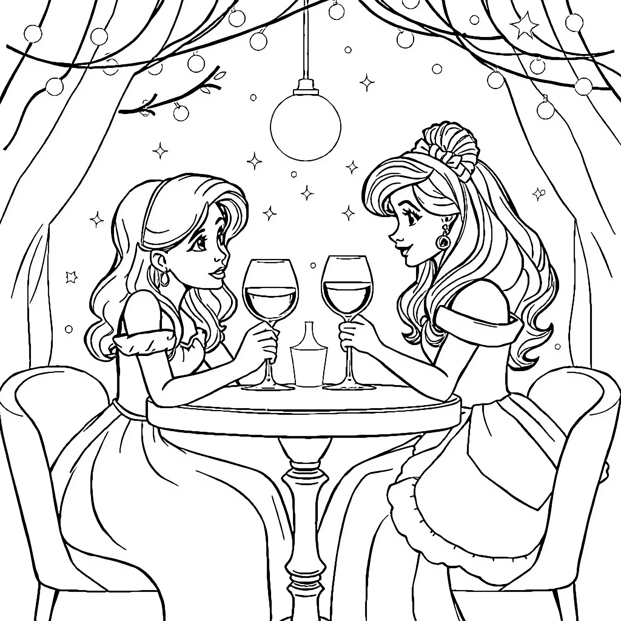 Arielle's Enchanted Evening: Two Friends Enjoying Wine and Conversation Coloring Page (free black-and-white line drawing printable PDF for all, from beginners to advanced learners, including children, teens, adults, and seniors)
