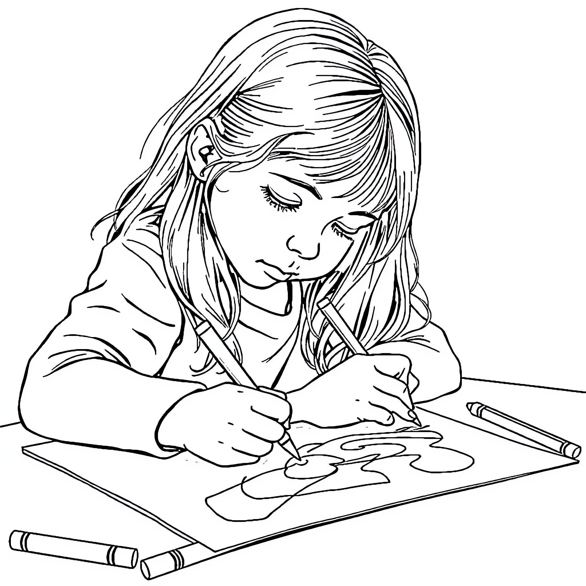 Girl focused on drawing with colored pencils Coloring Page (free black-and-white line drawing printable PDF for all, from beginners to advanced learners, including children, teens, adults, and seniors)