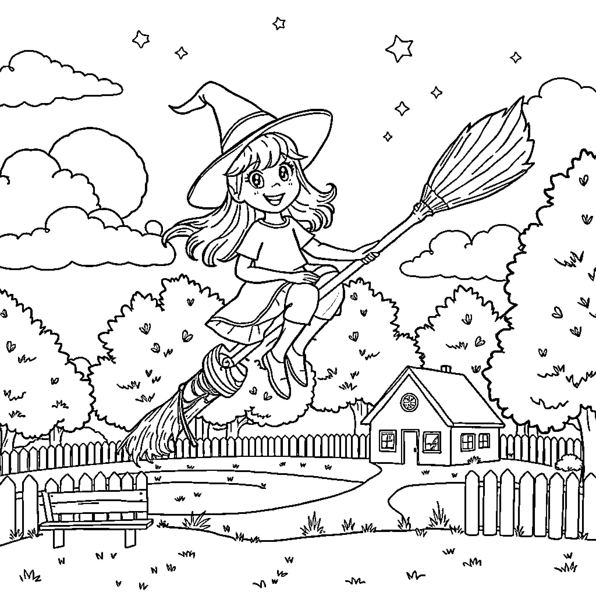 Girl Flying on Broomstick over Countryside Coloring Page (free black-and-white line drawing printable PDF for all, from beginners to advanced learners, including children, teens, adults, and seniors)