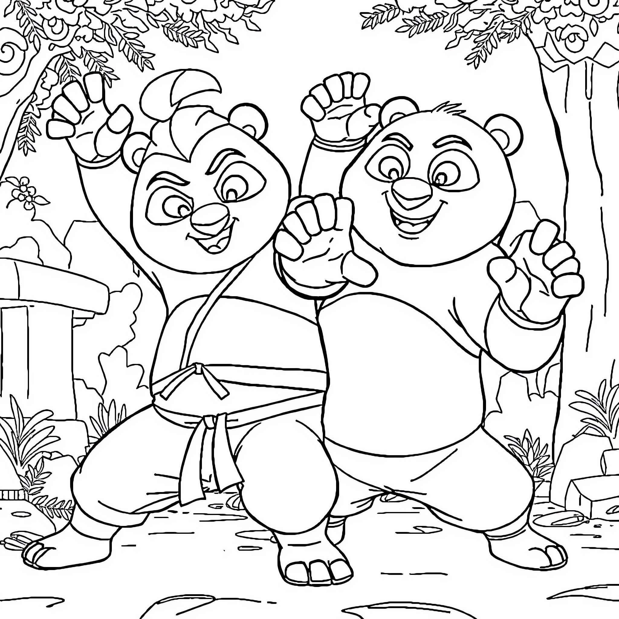 Zhen's Playful Pandas in the Forest Coloring Page (free black-and-white line drawing printable PDF for all, from beginners to advanced learners, including children, teens, adults, and seniors)