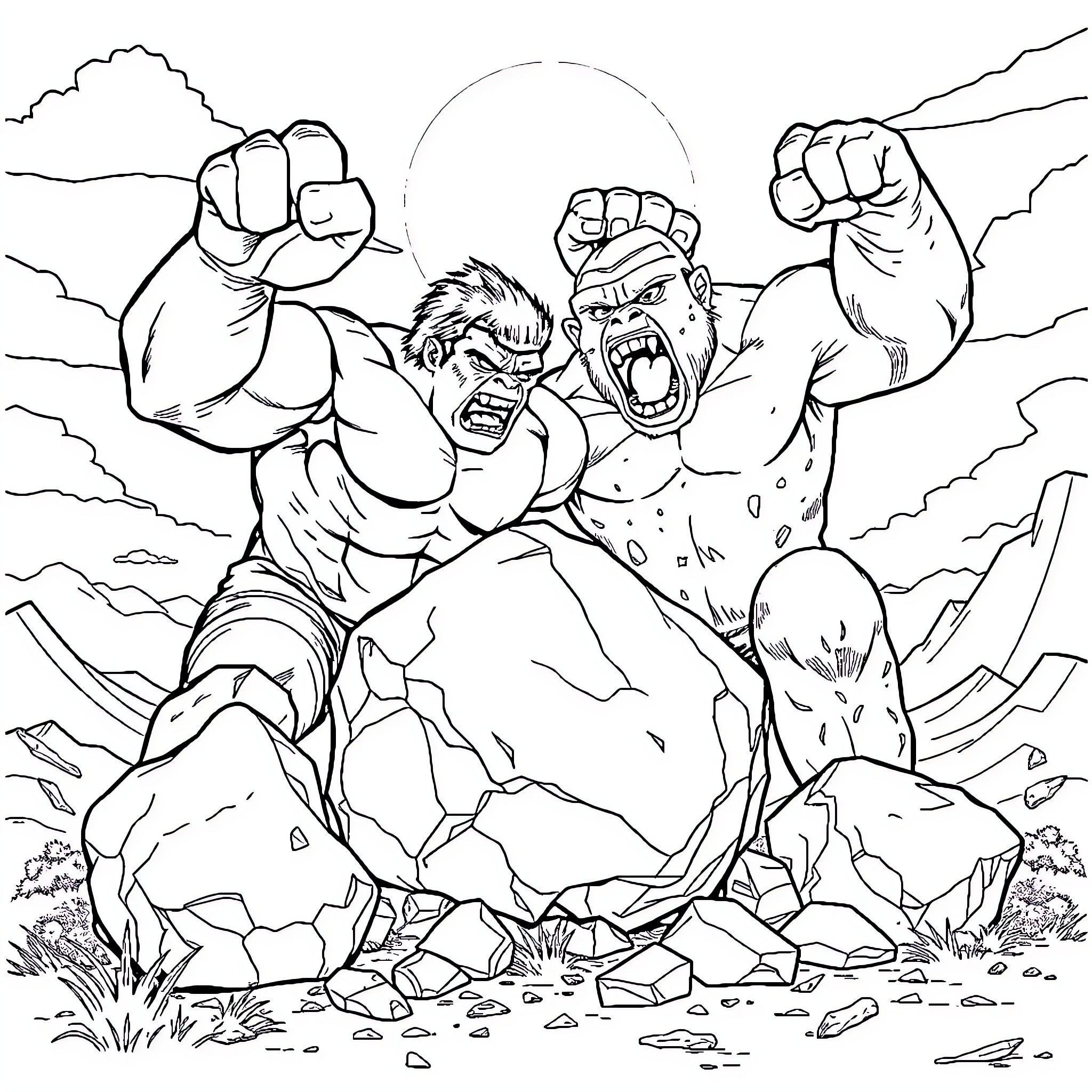 Hulk crushing through the rocks with rage Coloring Page (free black-and-white line drawing printable PDF for all, from beginners to advanced learners, including children, teens, adults, and seniors)