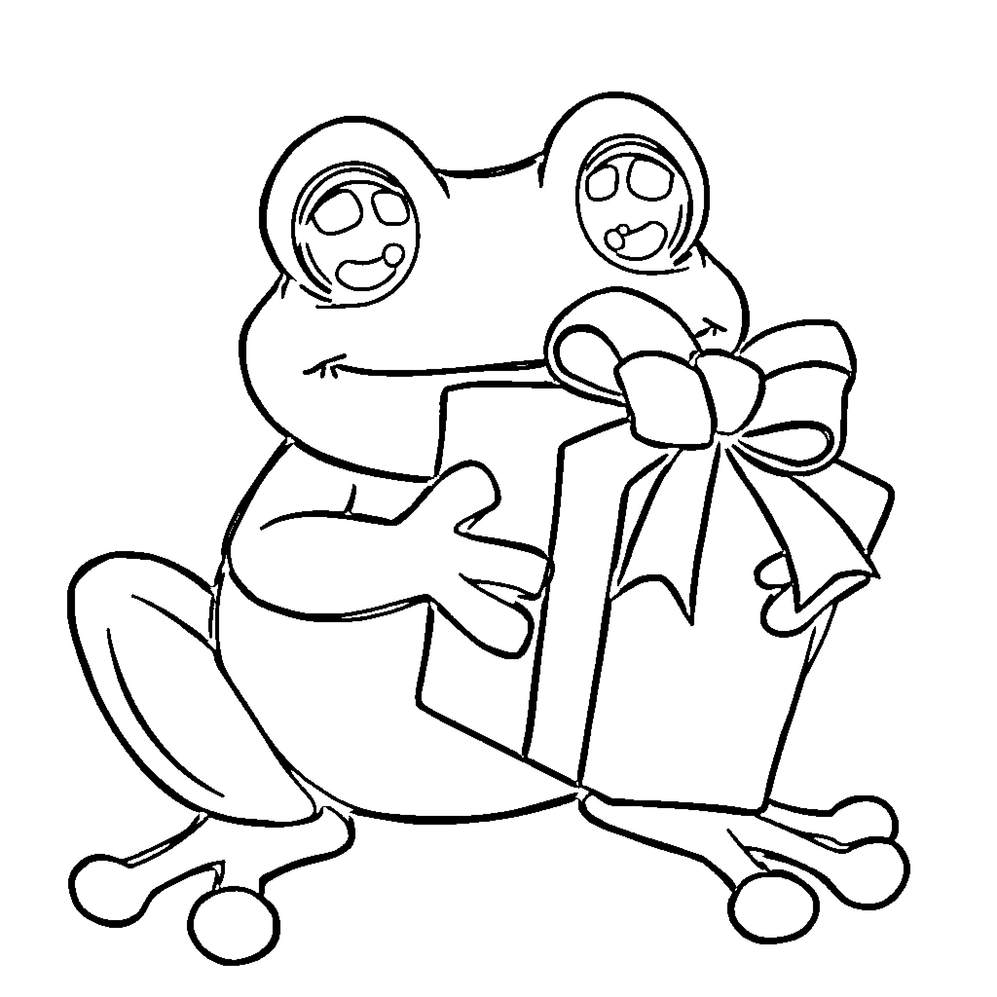 Frog carrying a gift with a bow Coloring Page (free black-and-white line drawing printable PDF for all, from beginners to advanced learners, including children, teens, adults, and seniors)
