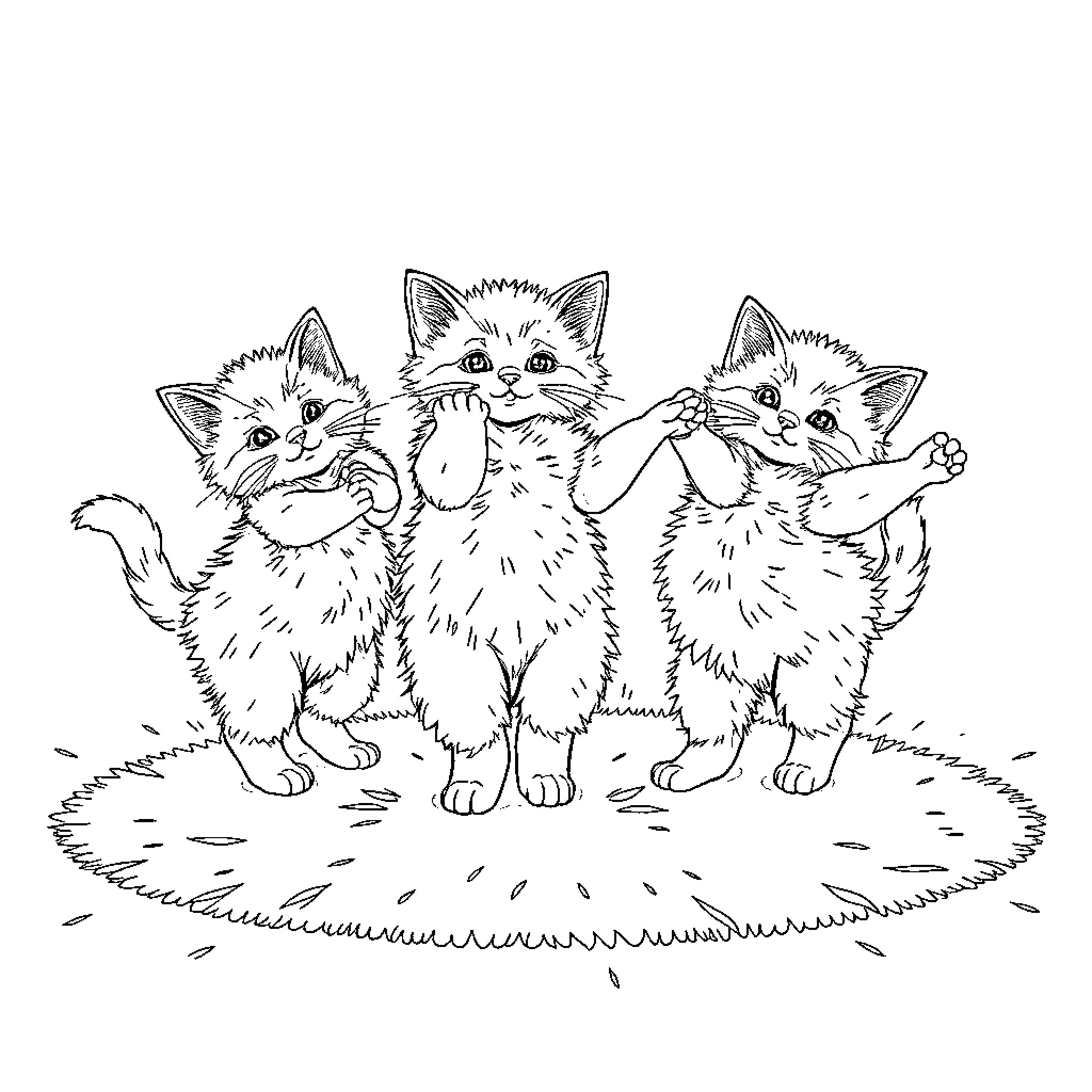 Kittens playing together on the grass Coloring Page (free black-and-white line drawing printable PDF for all, from beginners to advanced learners, including children, teens, adults, and seniors)