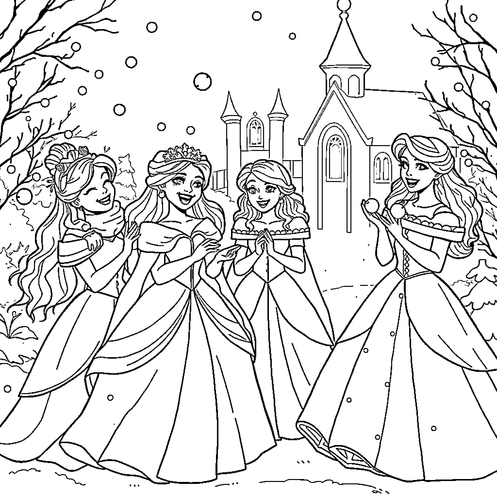 Princess Princesses Gather for a Royal Celebration Coloring Page (free black-and-white line drawing printable PDF for all, from beginners to advanced learners, including children, teens, adults, and seniors)