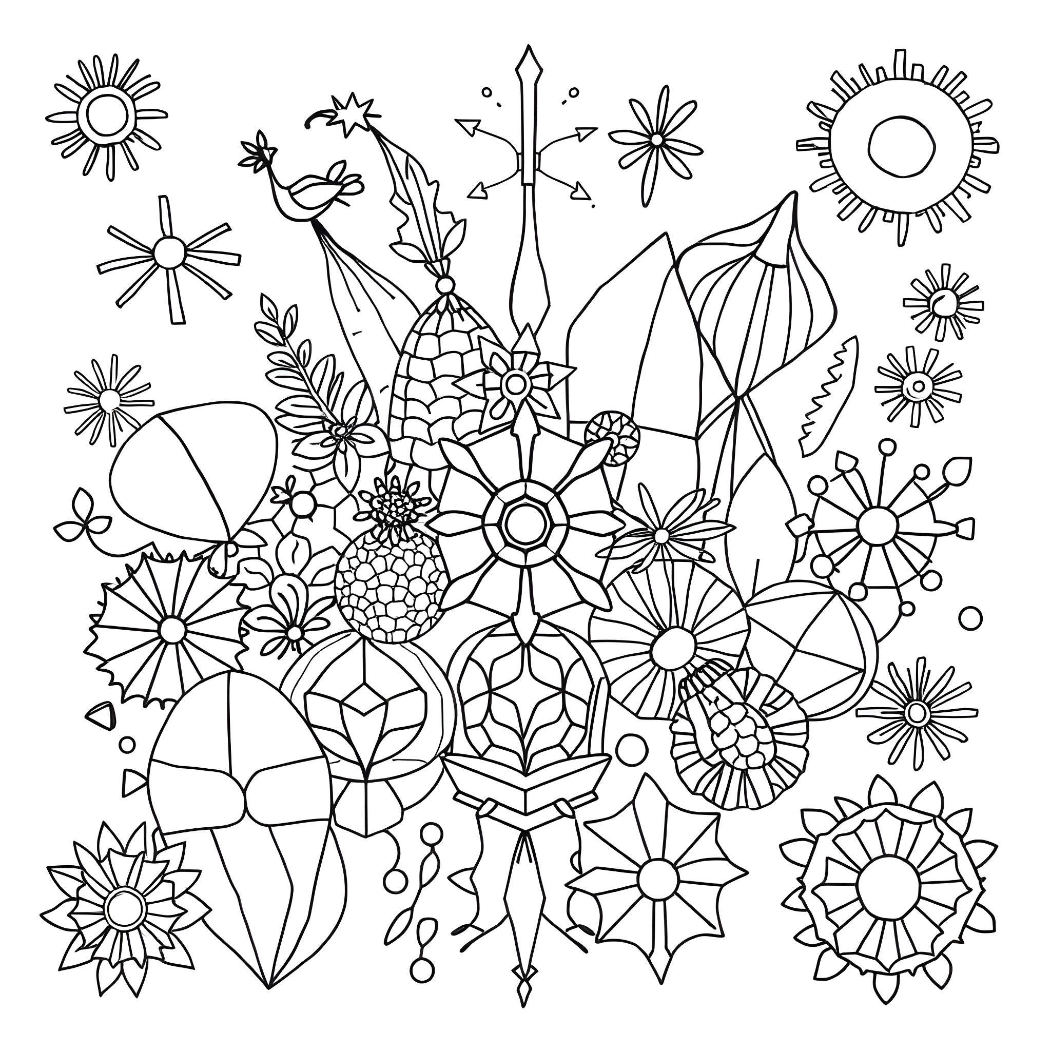 Patchwork of Vibrant Floral Patterns Coloring Page (free black-and-white line drawing printable PDF for all, from beginners to advanced learners, including children, teens, adults, and seniors)