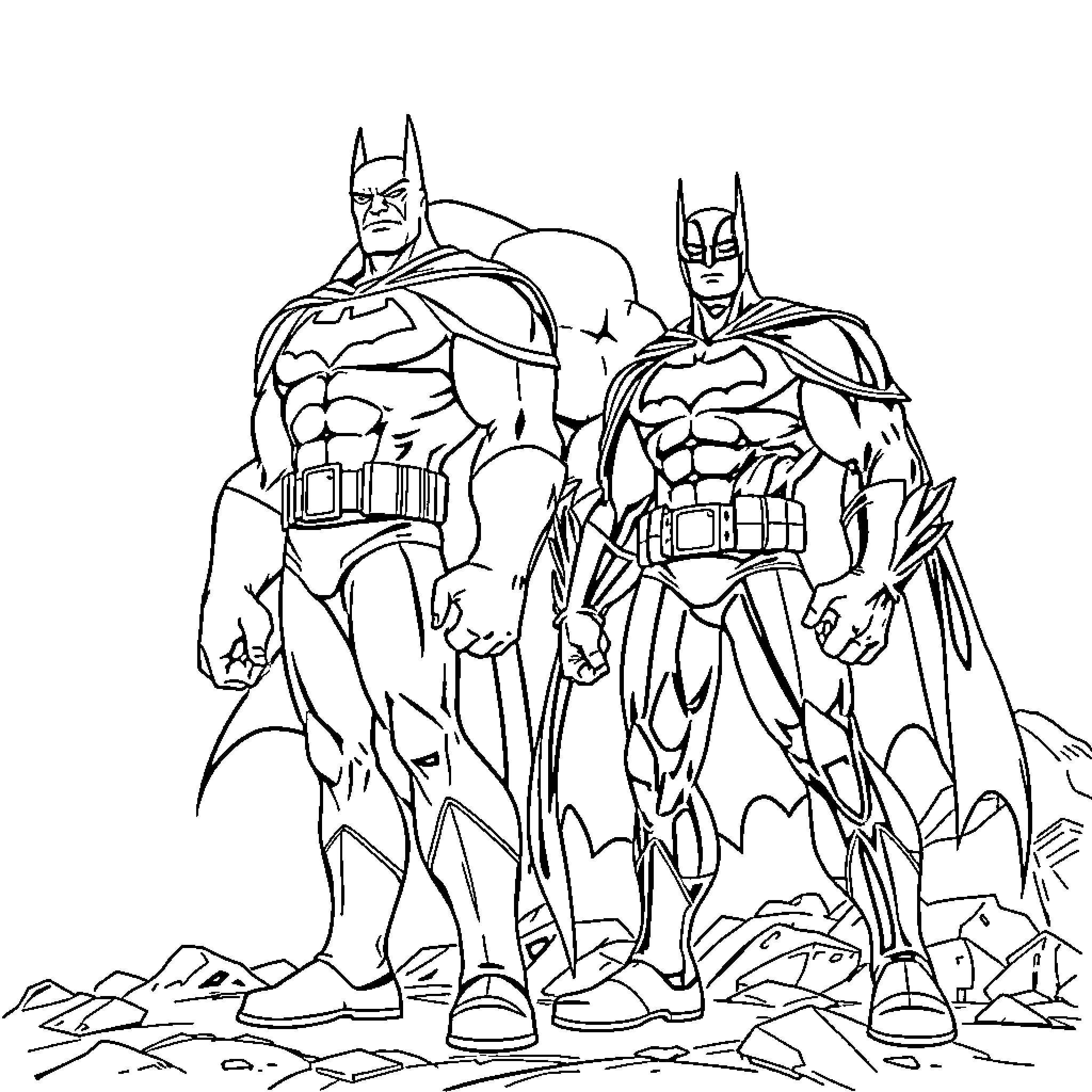 Batman and Batmen in Action Poses Coloring Page (free black-and-white line drawing printable PDF for all, from beginners to advanced learners, including children, teens, adults, and seniors)