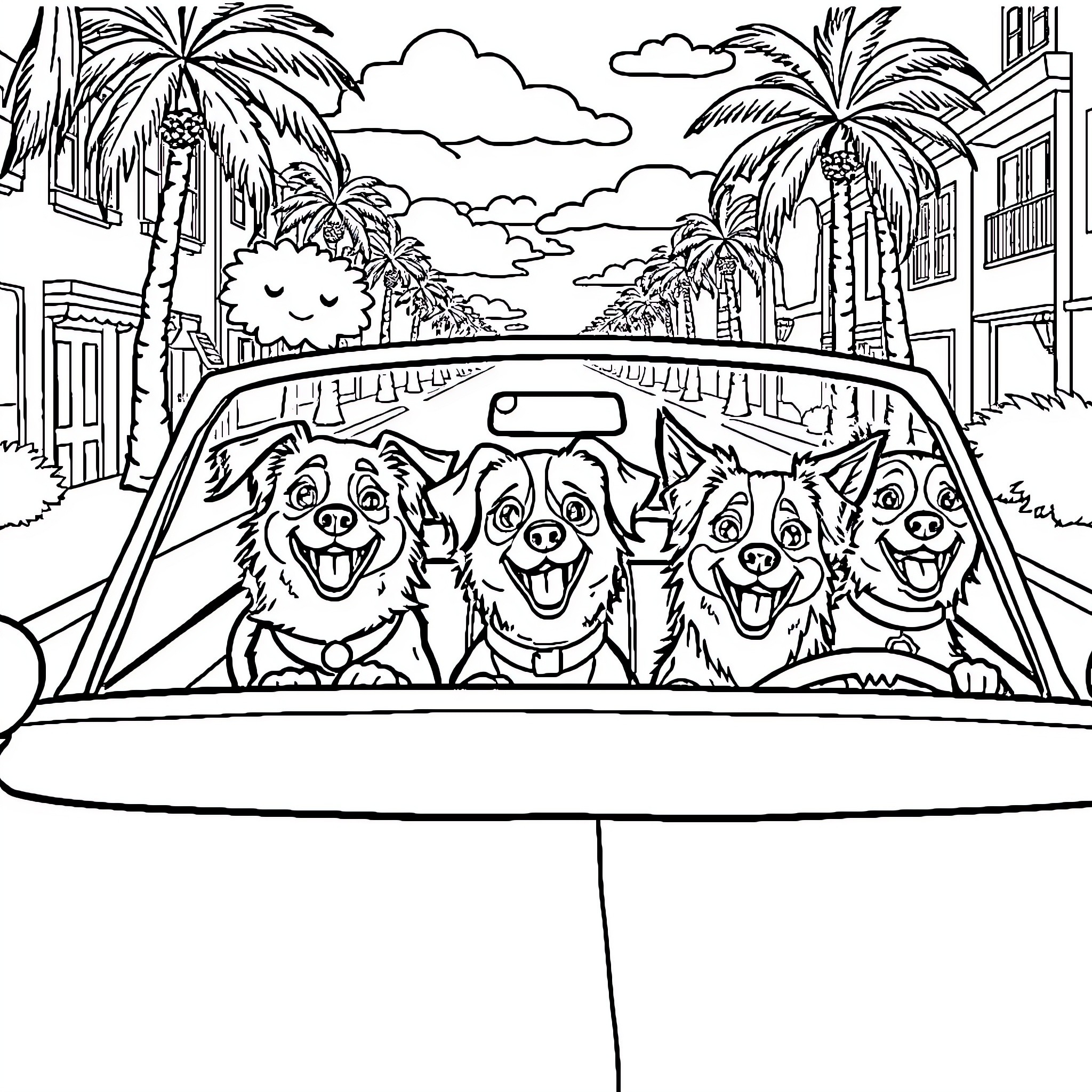 Dog friends enjoying a road trip together Coloring Page (free black-and-white line drawing printable PDF for all, from beginners to advanced learners, including children, teens, adults, and seniors)
