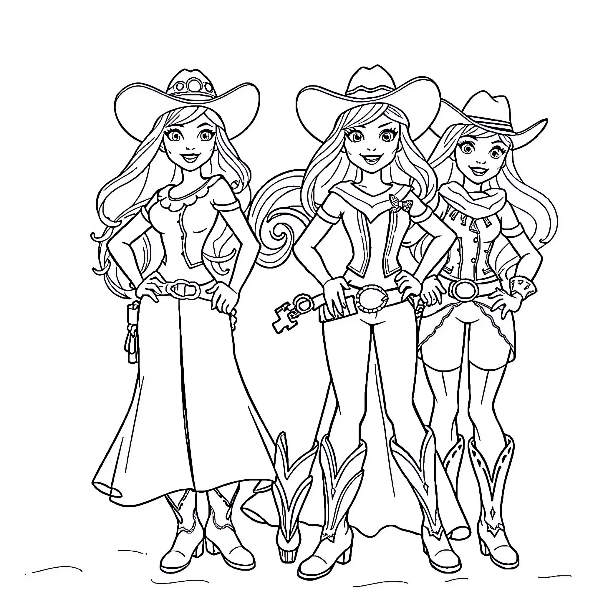 Cowgirl trio striking confident poses Coloring Page (free black-and-white line drawing printable PDF for all, from beginners to advanced learners, including children, teens, adults, and seniors)