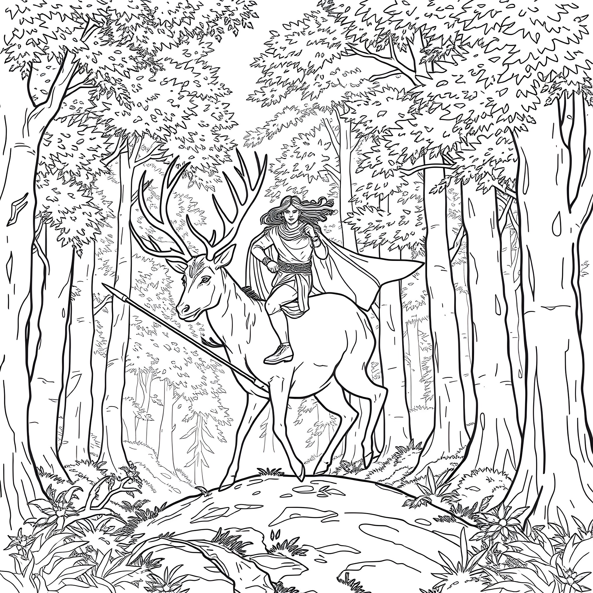 Stag carrying a knight through the forest Coloring Page (free black-and-white line drawing printable PDF for all, from beginners to advanced learners, including children, teens, adults, and seniors)