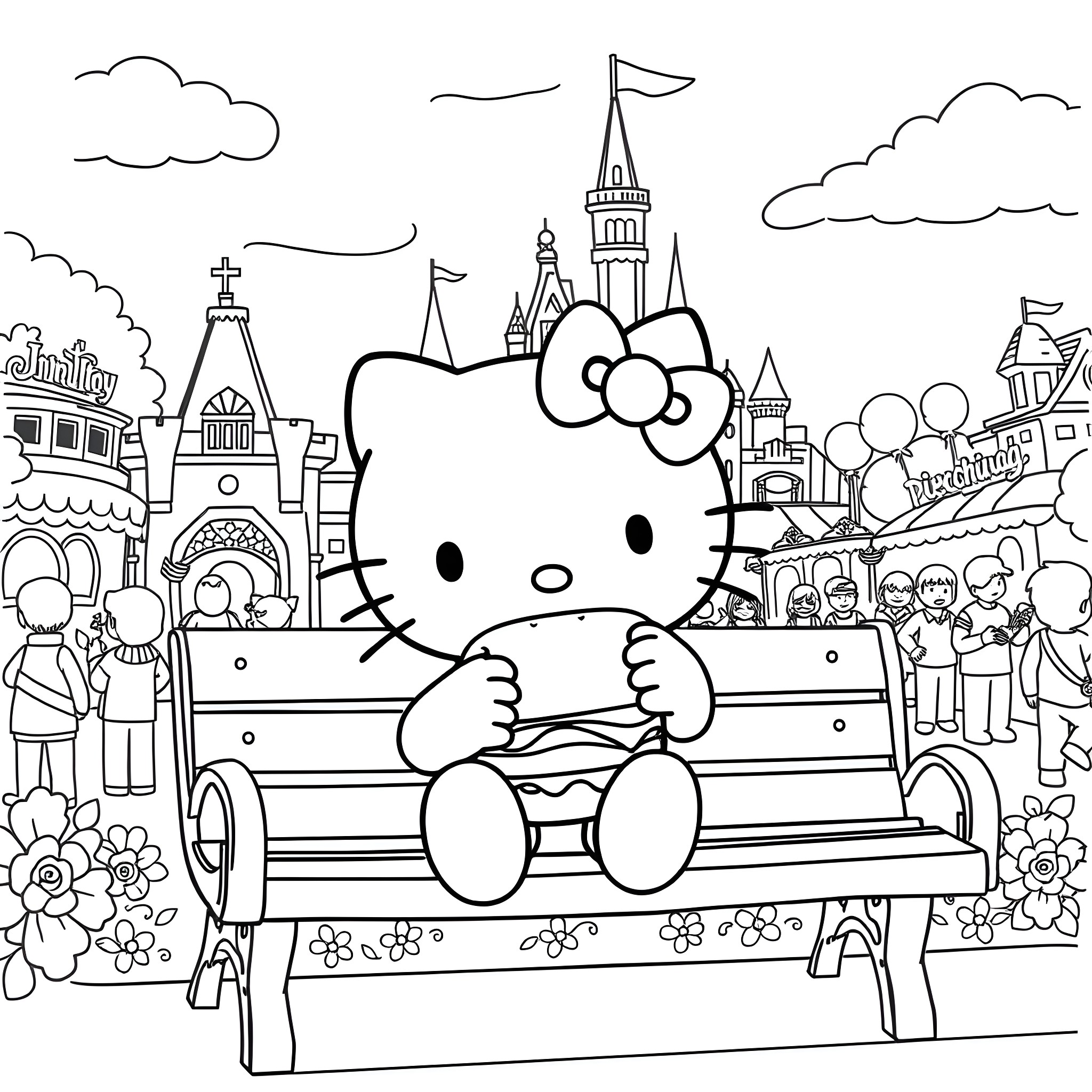 Hello Kitty enjoying a day at the amusement park Coloring Page (free black-and-white line drawing printable PDF for all, from beginners to advanced learners, including children, teens, adults, and seniors)