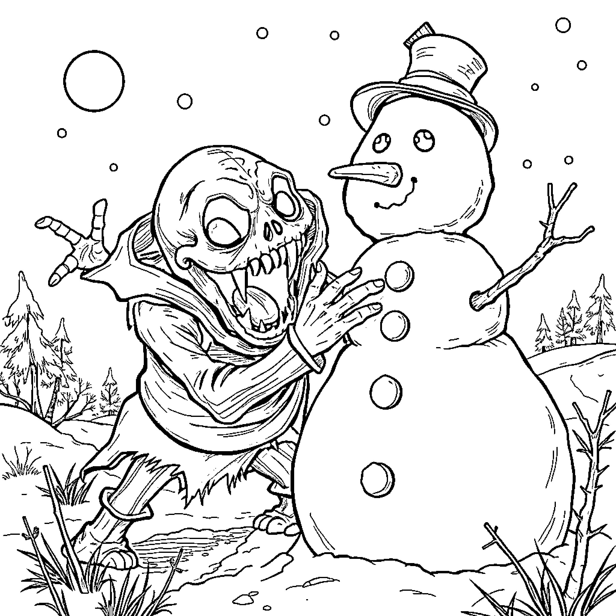 Gingerdead Man frightens cheery snowman in snowy landscape Coloring Page (free black-and-white line drawing printable PDF for all, from beginners to advanced learners, including children, teens, adults, and seniors)
