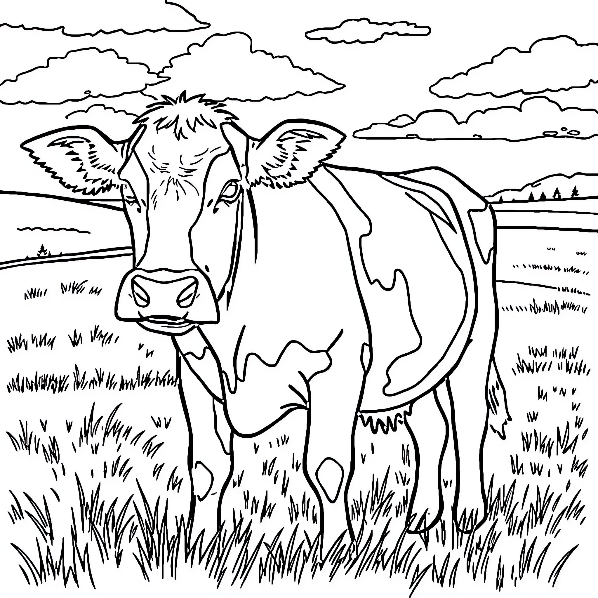 Cow standing calmly in a rural landscape Coloring Page (free black-and-white line drawing printable PDF for all, from beginners to advanced learners, including children, teens, adults, and seniors)