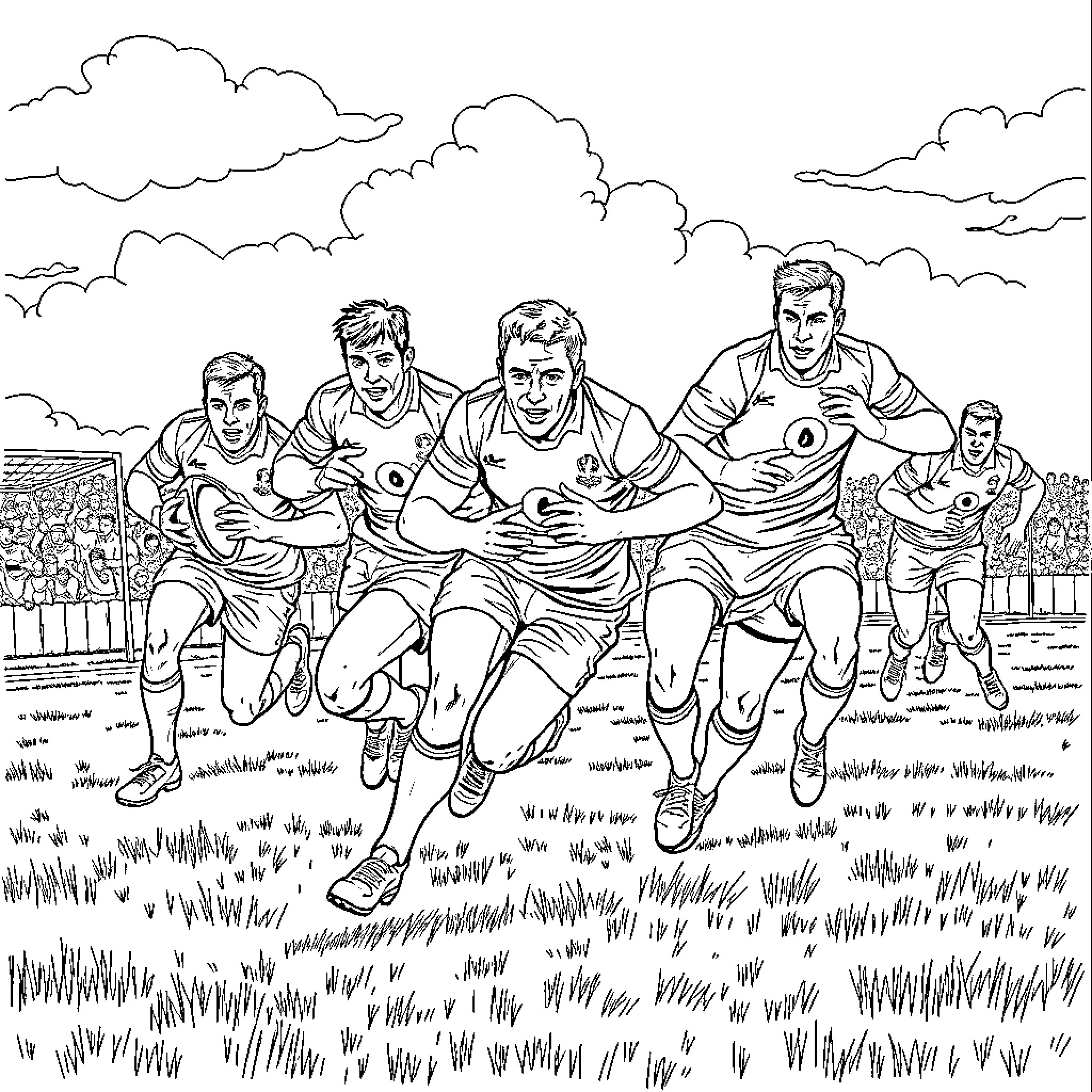 Rugby Players Engaged in Intense Competition Coloring Page (free black-and-white line drawing printable PDF for all, from beginners to advanced learners, including children, teens, adults, and seniors)