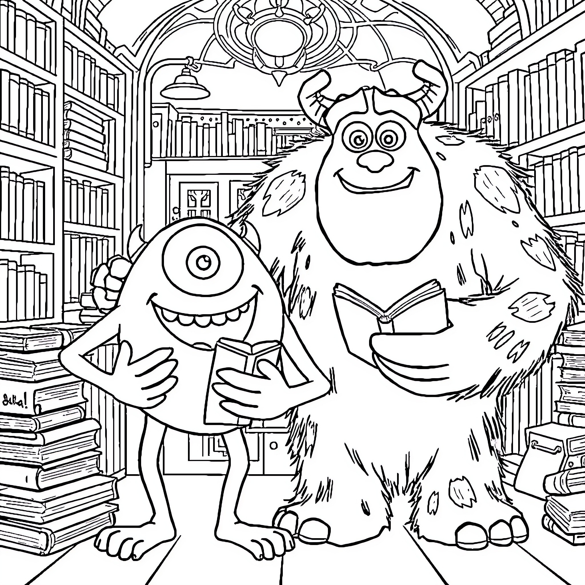 Monster friends exploring the library Coloring Page (free black-and-white line drawing printable PDF for all, from beginners to advanced learners, including children, teens, adults, and seniors)