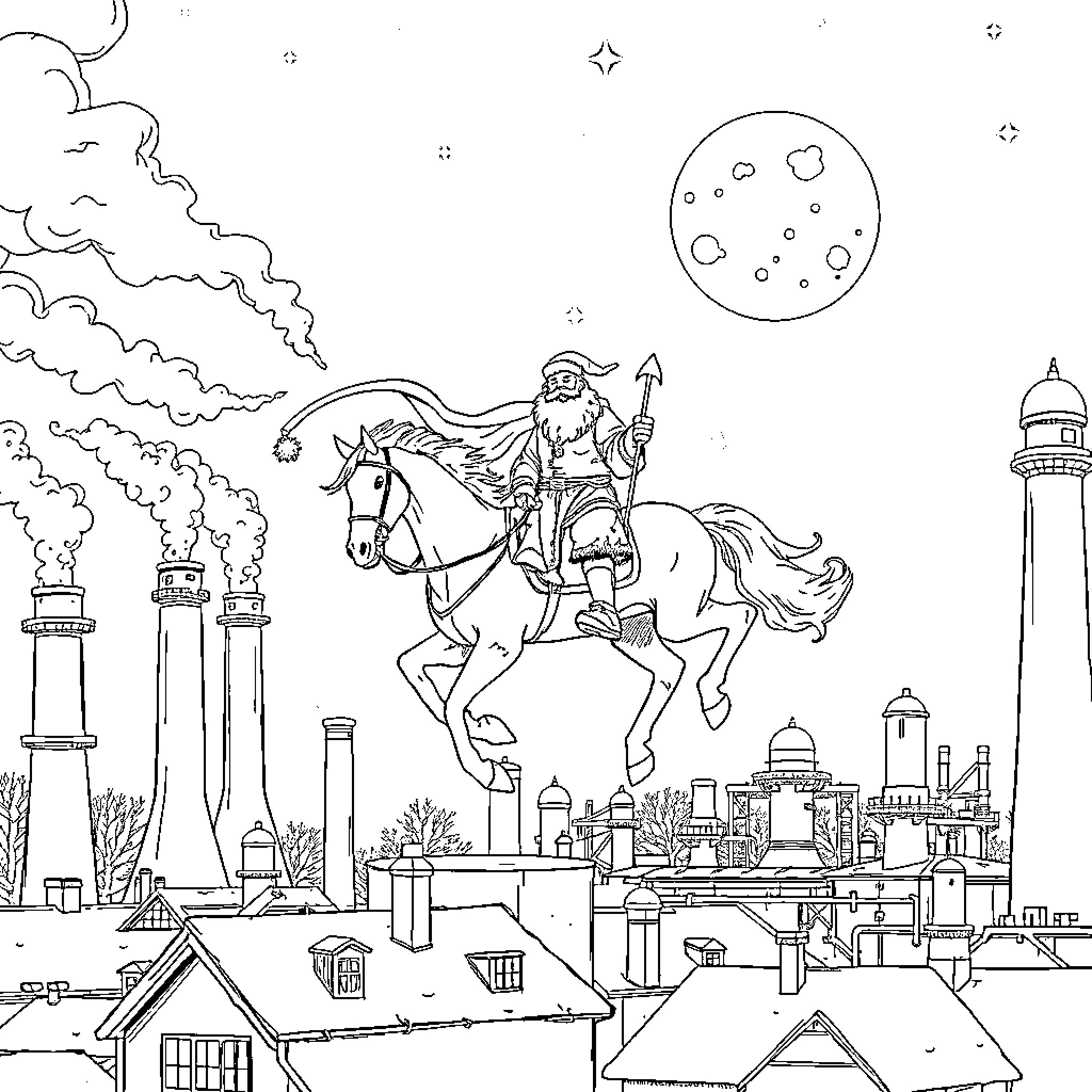Saint Nicholas riding a horse over a snowy city landscape Coloring Page (free black-and-white line drawing printable PDF for all, from beginners to advanced learners, including children, teens, adults, and seniors)