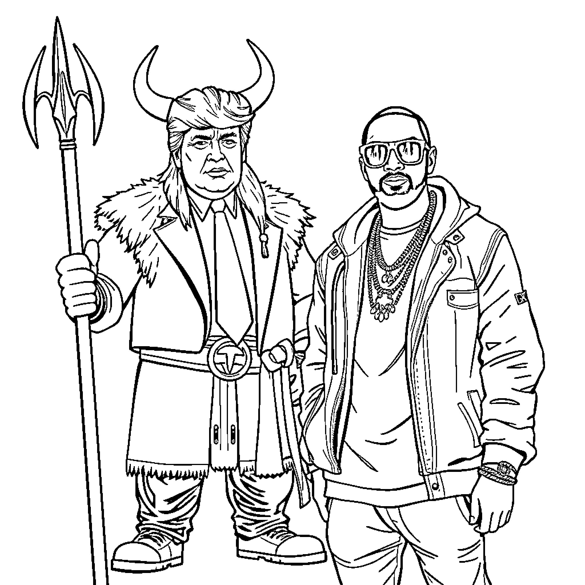Donald Trump as a Viking with a Rapper Coloring Page (free black-and-white line drawing printable PDF for all, from beginners to advanced learners, including children, teens, adults, and seniors)