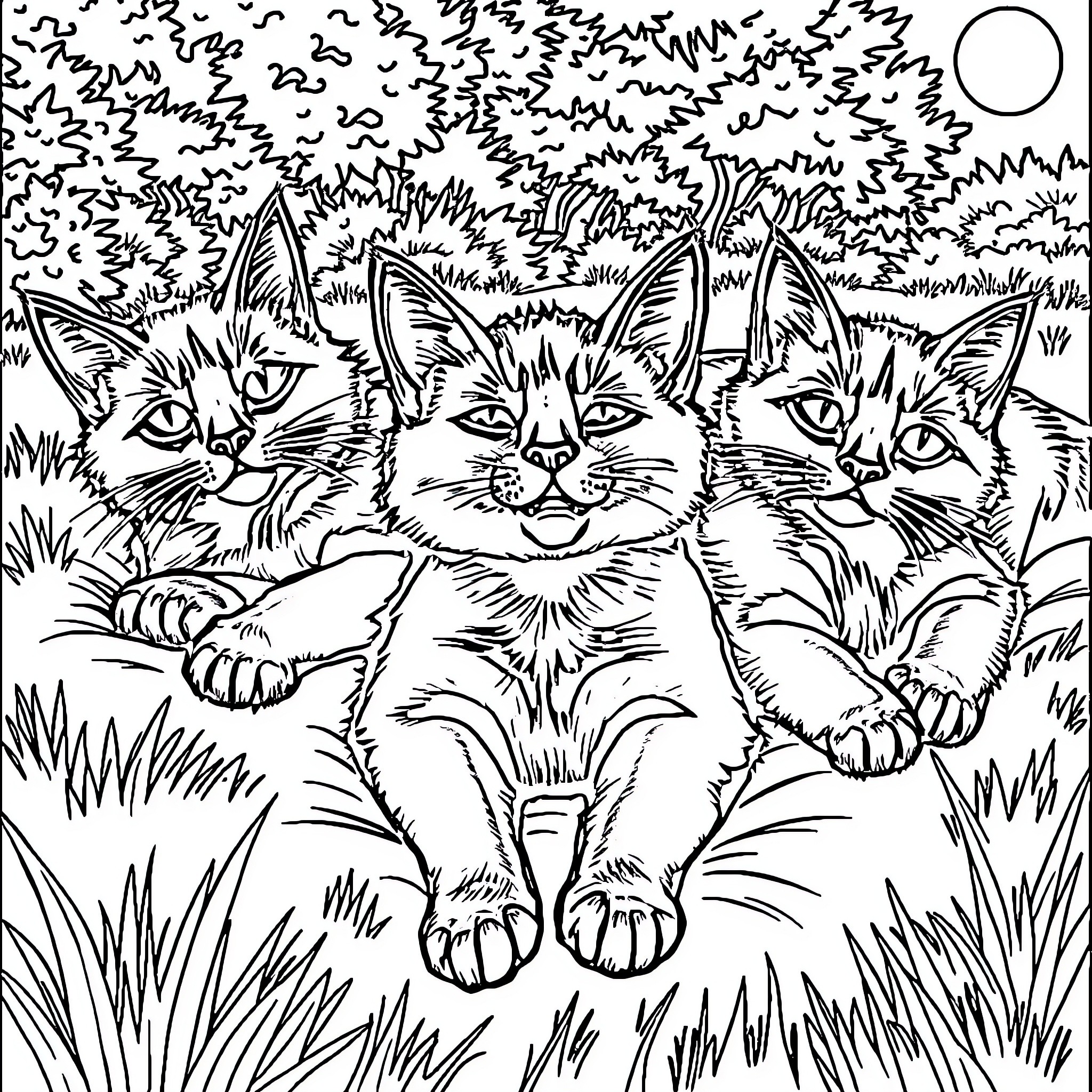Cat Trio Lounging in Foliage Coloring Page (free black-and-white line drawing printable PDF for all, from beginners to advanced learners, including children, teens, adults, and seniors)