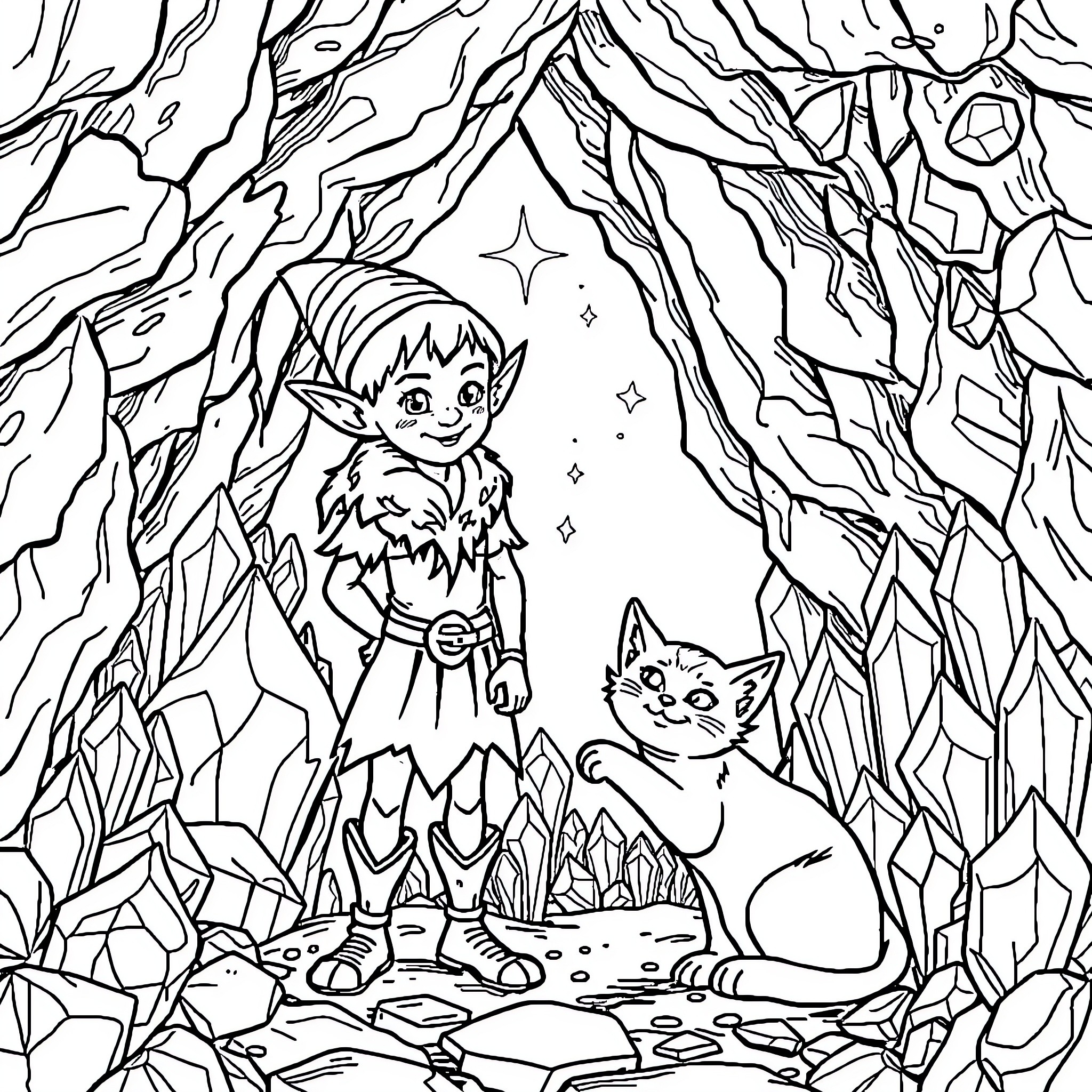 Elf exploring the enchanted forest with a cat companion Coloring Page (free black-and-white line drawing printable PDF for all, from beginners to advanced learners, including children, teens, adults, and seniors)