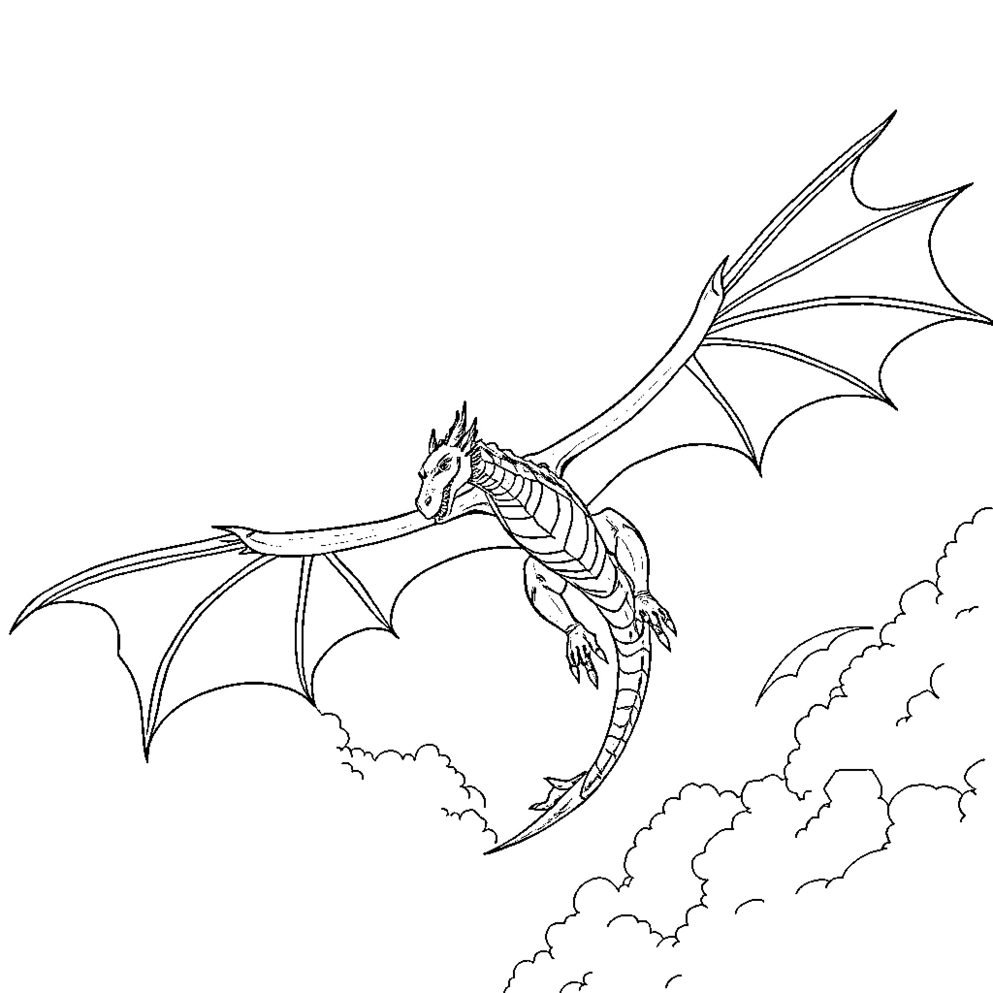 Dragon soaring through the cloudy sky Coloring Page (free black-and-white line drawing printable PDF for all, from beginners to advanced learners, including children, teens, adults, and seniors)