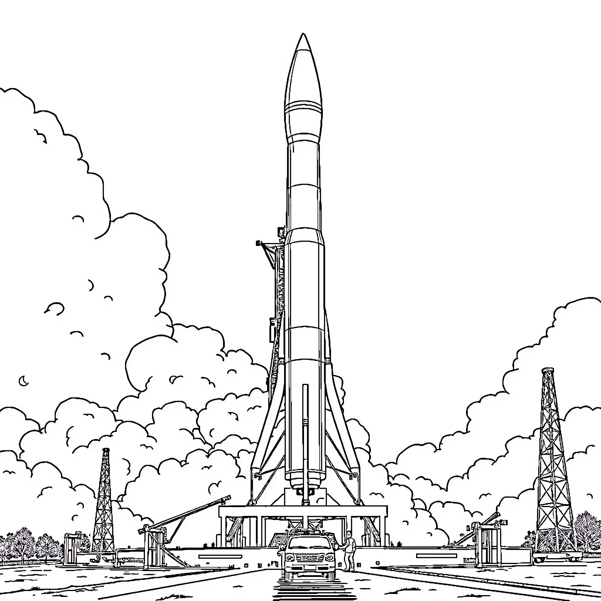 Rocket launched into the cloudy sky Coloring Page (free black-and-white line drawing printable PDF for all, from beginners to advanced learners, including children, teens, adults, and seniors)