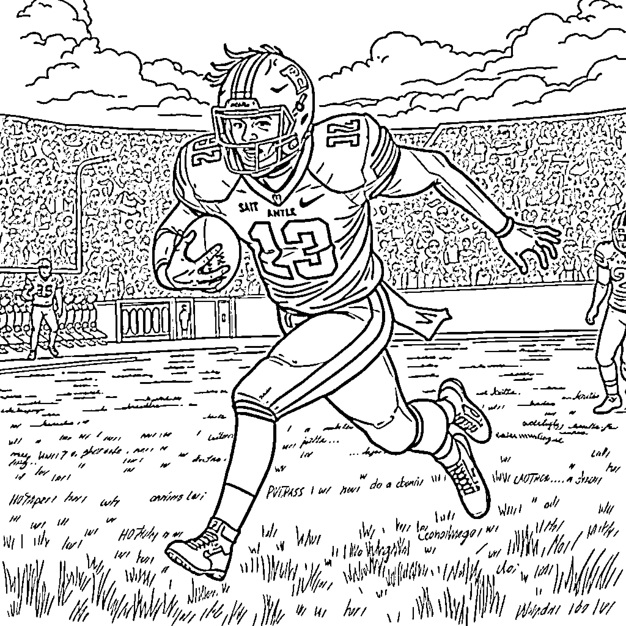 Football Player Running on the Field Coloring Page (free black-and-white line drawing printable PDF for all, from beginners to advanced learners, including children, teens, adults, and seniors)