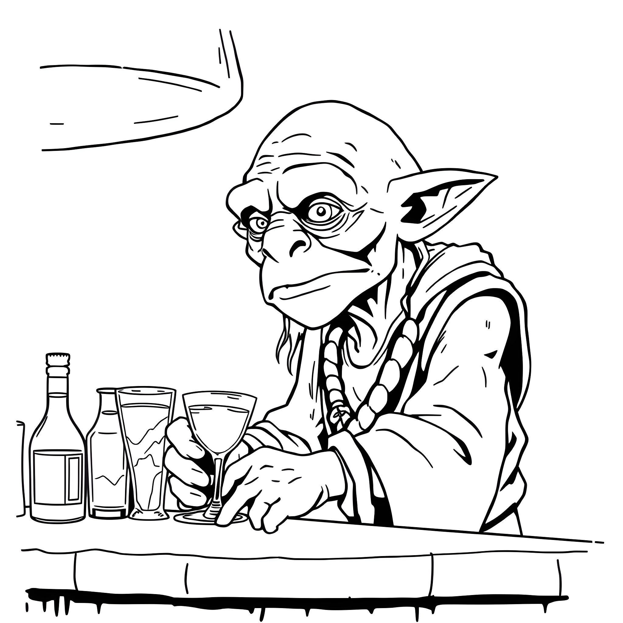 Gollum enjoying a drink at the bar Coloring Page (free black-and-white line drawing printable PDF for all, from beginners to advanced learners, including children, teens, adults, and seniors)