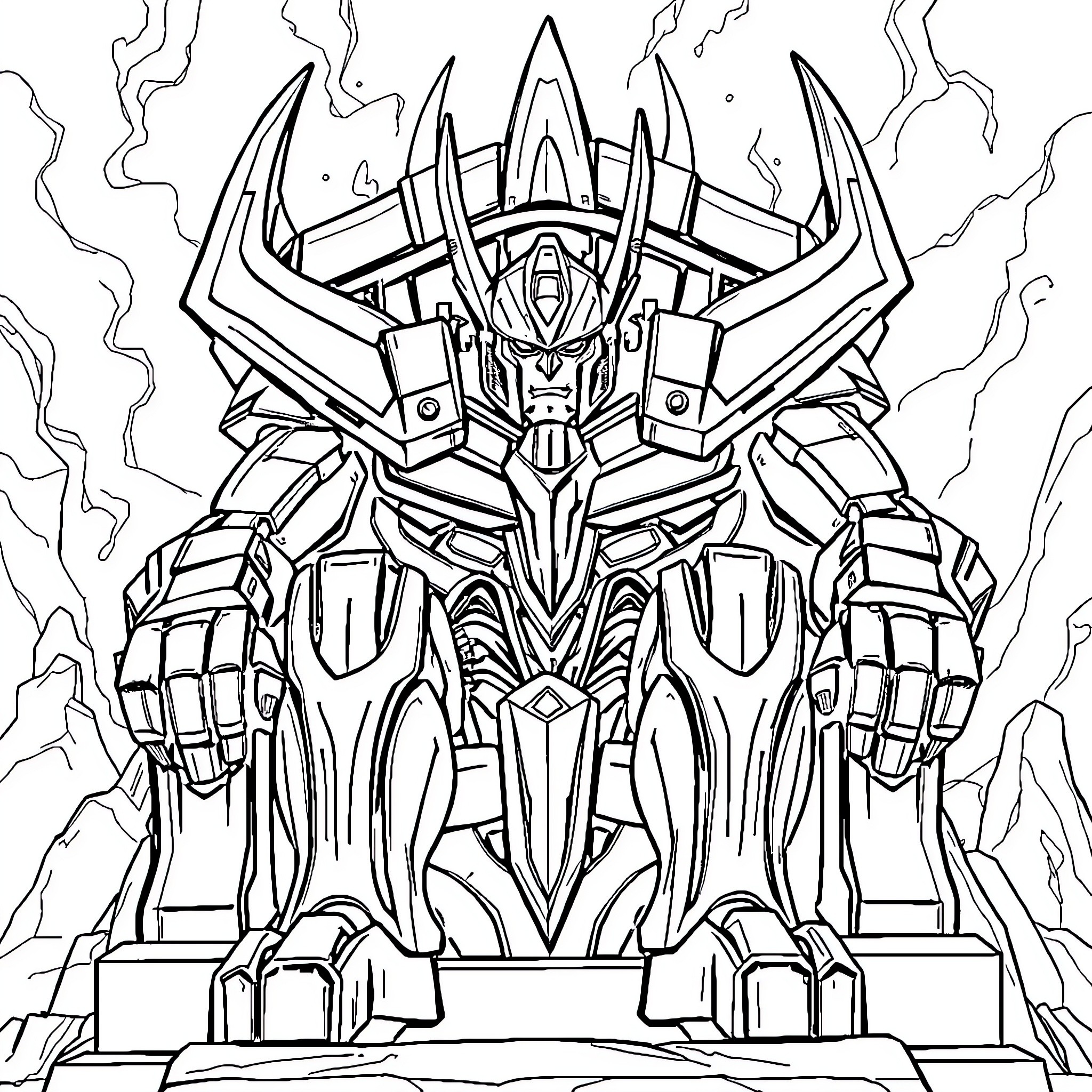 Megatron's Robotic Transformation on Display Coloring Page (free black-and-white line drawing printable PDF for all, from beginners to advanced learners, including children, teens, adults, and seniors)