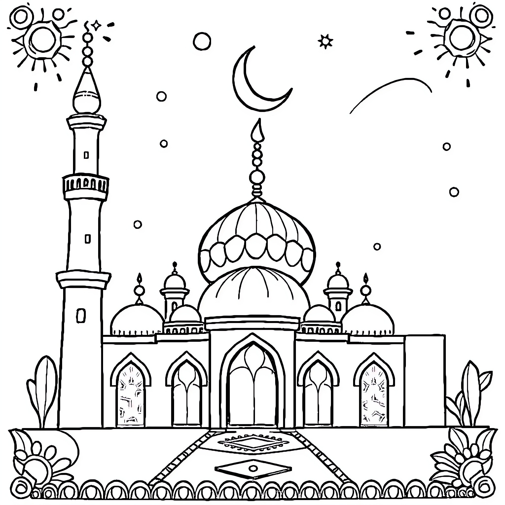 Islamic Mosque in Serene Architectural Landscape Coloring Page (free black-and-white line drawing printable PDF for all, from beginners to advanced learners, including children, teens, adults, and seniors)